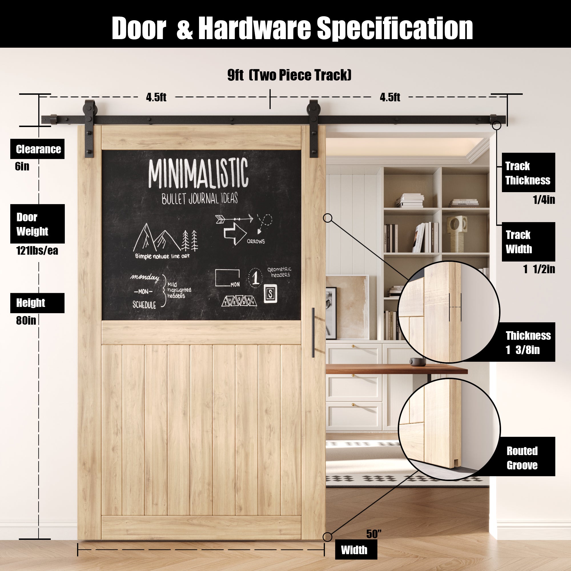 80" Height Top Chalkboard Panel Unassembled & Unfinished Pine Wood Barn Door with Non-Bypass Installation Hardware Kit (Interior Use Only)