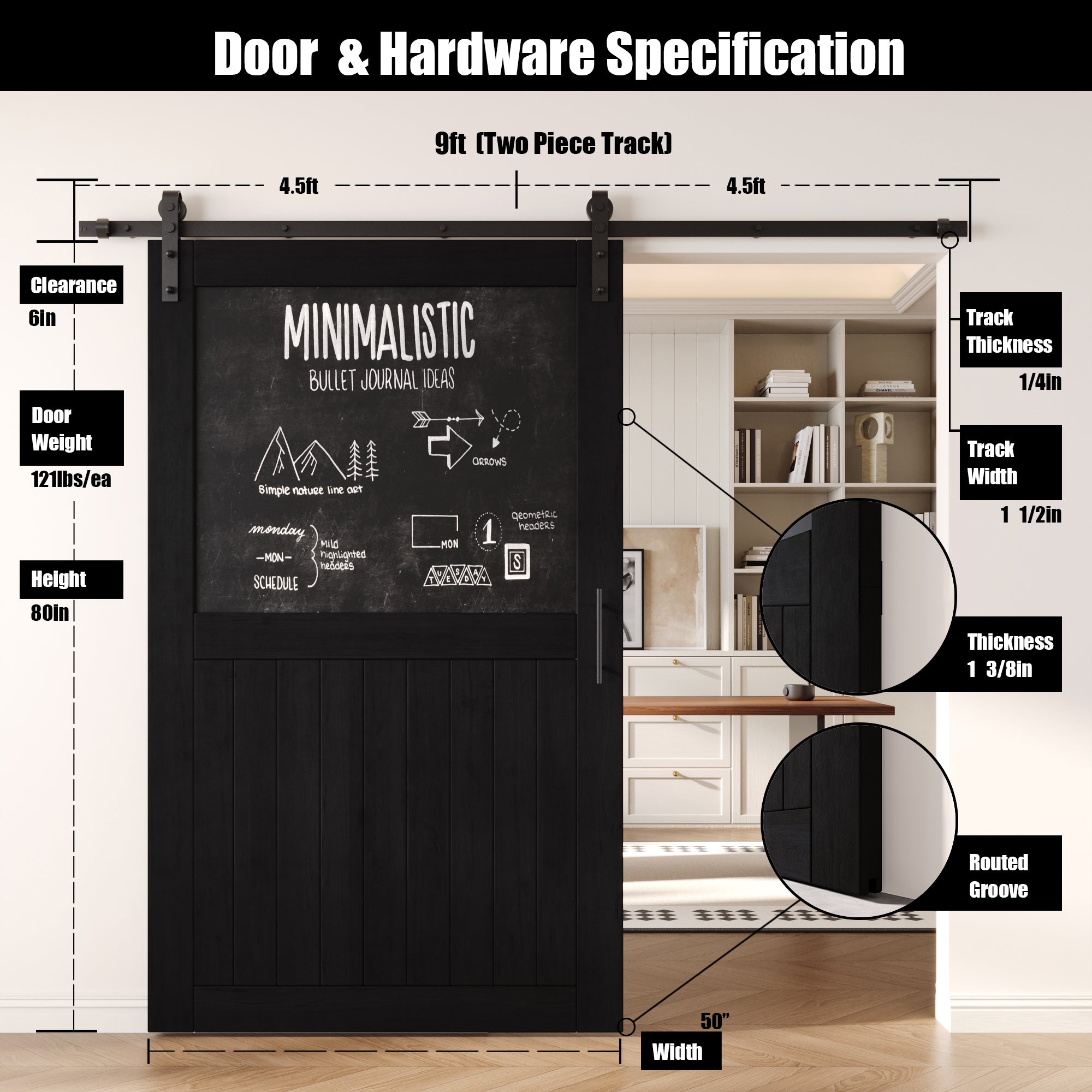 80" Height Black Top Chalkboard Panel Unassembled & Finished Pine Wood Barn Door with Non-Bypass Installation Hardware Kit (Interior Use Only)