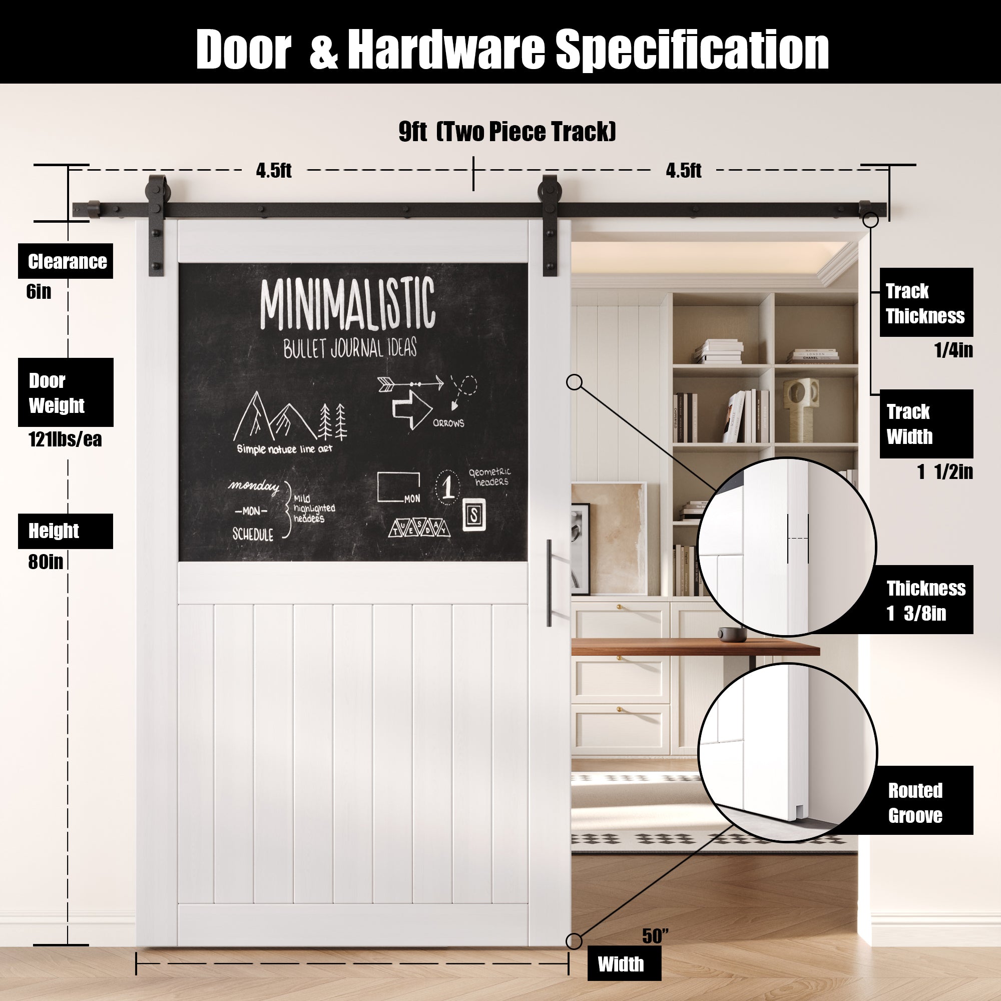 80" Height White Top Chalkboard Panel Unassembled & Finished Pine Wood Barn Door with Non-Bypass Installation Hardware Kit (Interior Use Only)