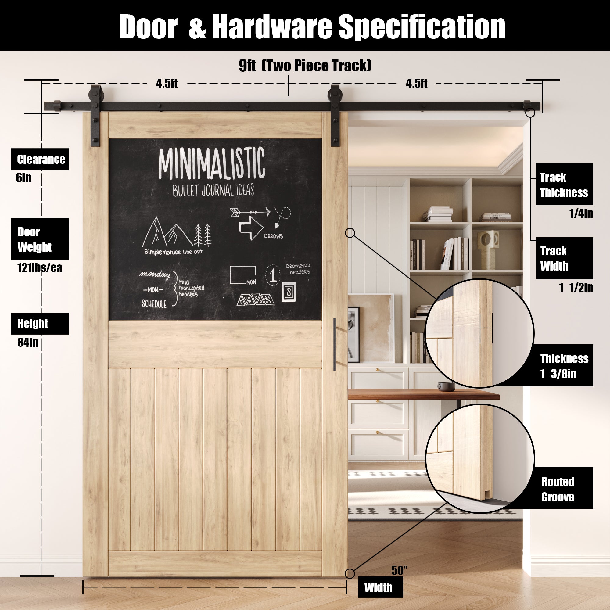 84" Height Top Chalkboard Panel Unassembled & Unfinished Pine Wood Barn Door with Non-Bypass Installation Hardware Kit (Interior Use Only)