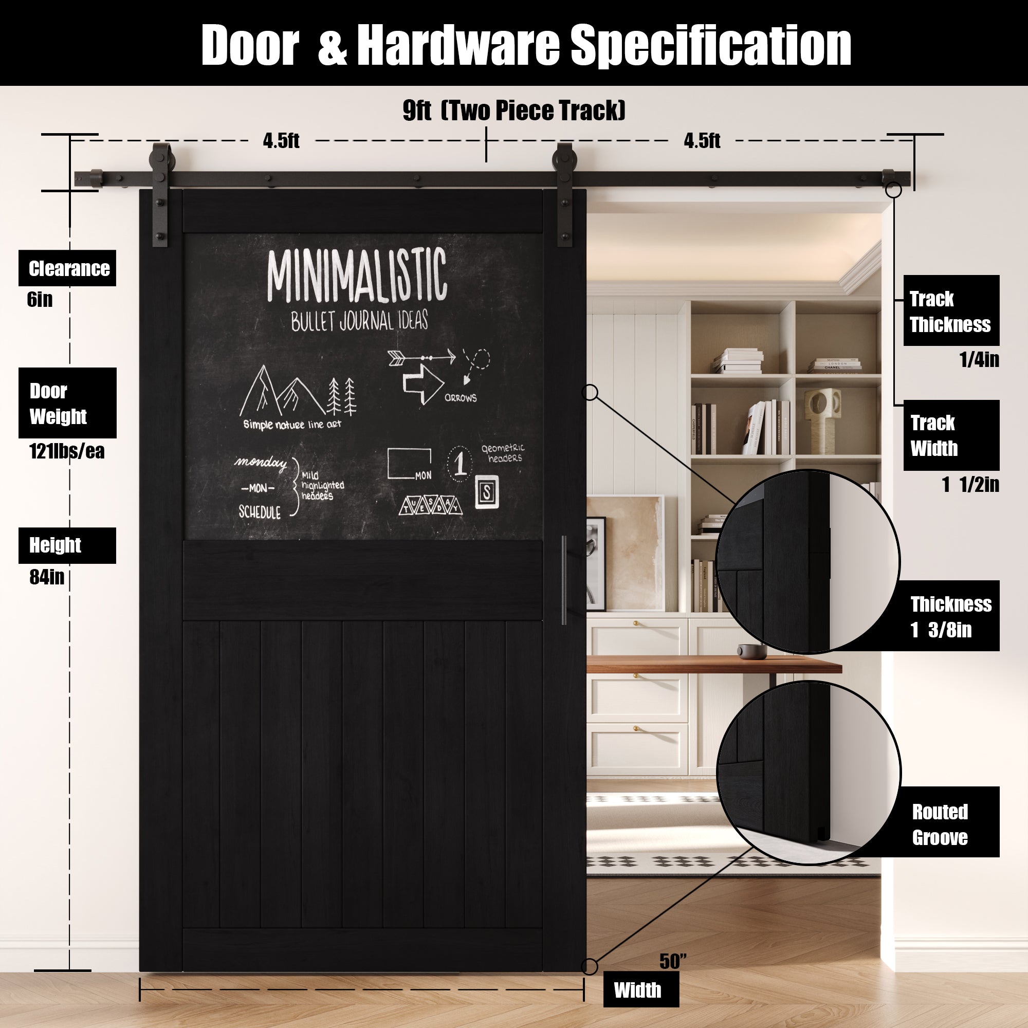 84" Height Black Top Chalkboard Panel Unassembled & Finished Pine Wood Barn Door with Non-Bypass Installation Hardware Kit (Interior Use Only)