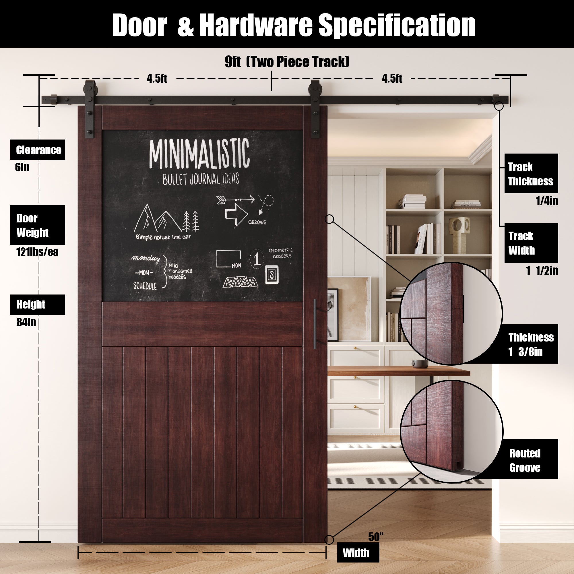 84" Height Red Mahogany Top Chalkboard Panel Unassembled & Finished Pine Wood Barn Door with Non-Bypass Installation Hardware Kit (Interior Use Only)