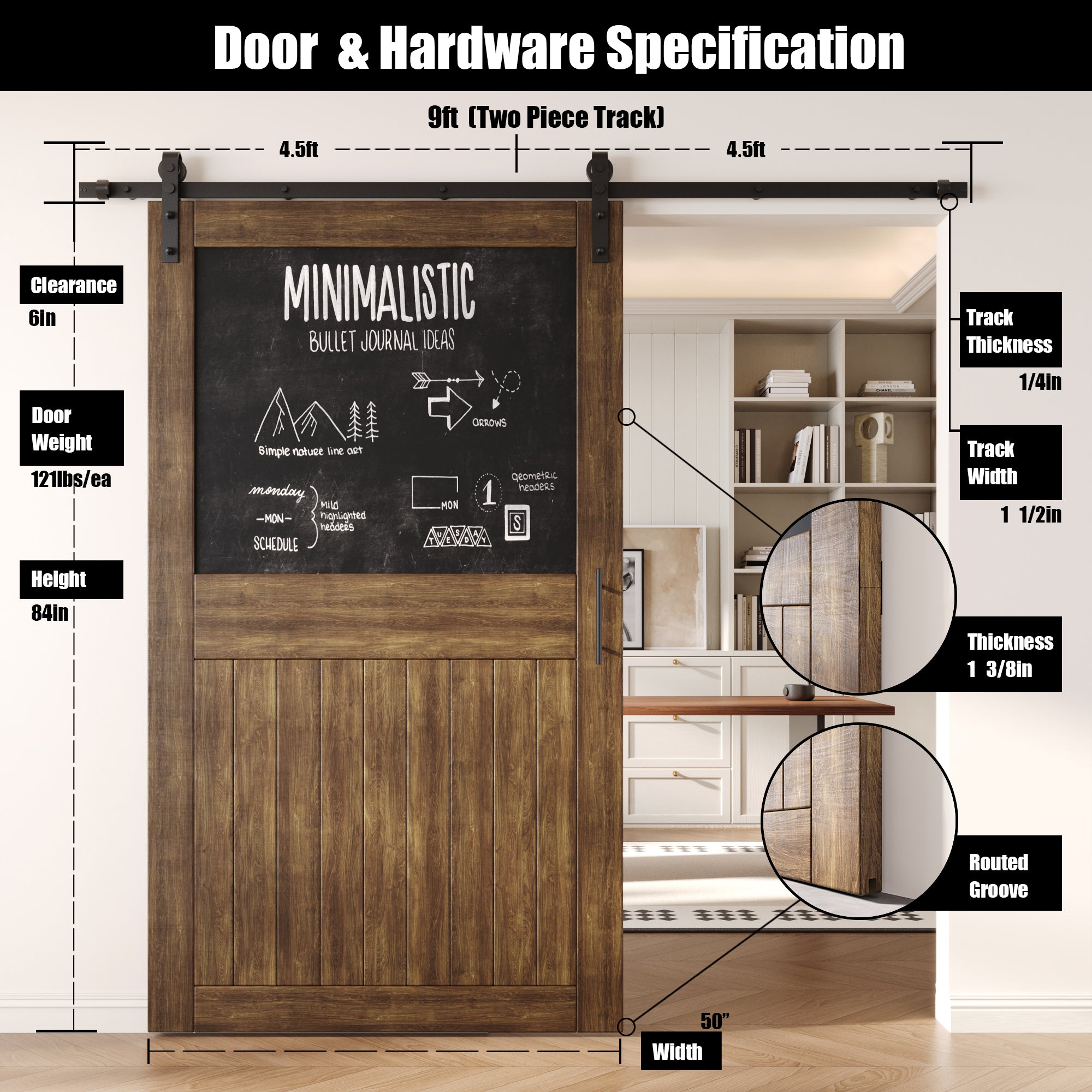 84" Height Dark Walnut Top Chalkboard Panel Unassembled & Finished Pine Wood Barn Door with Non-Bypass Installation Hardware Kit (Interior Use Only)