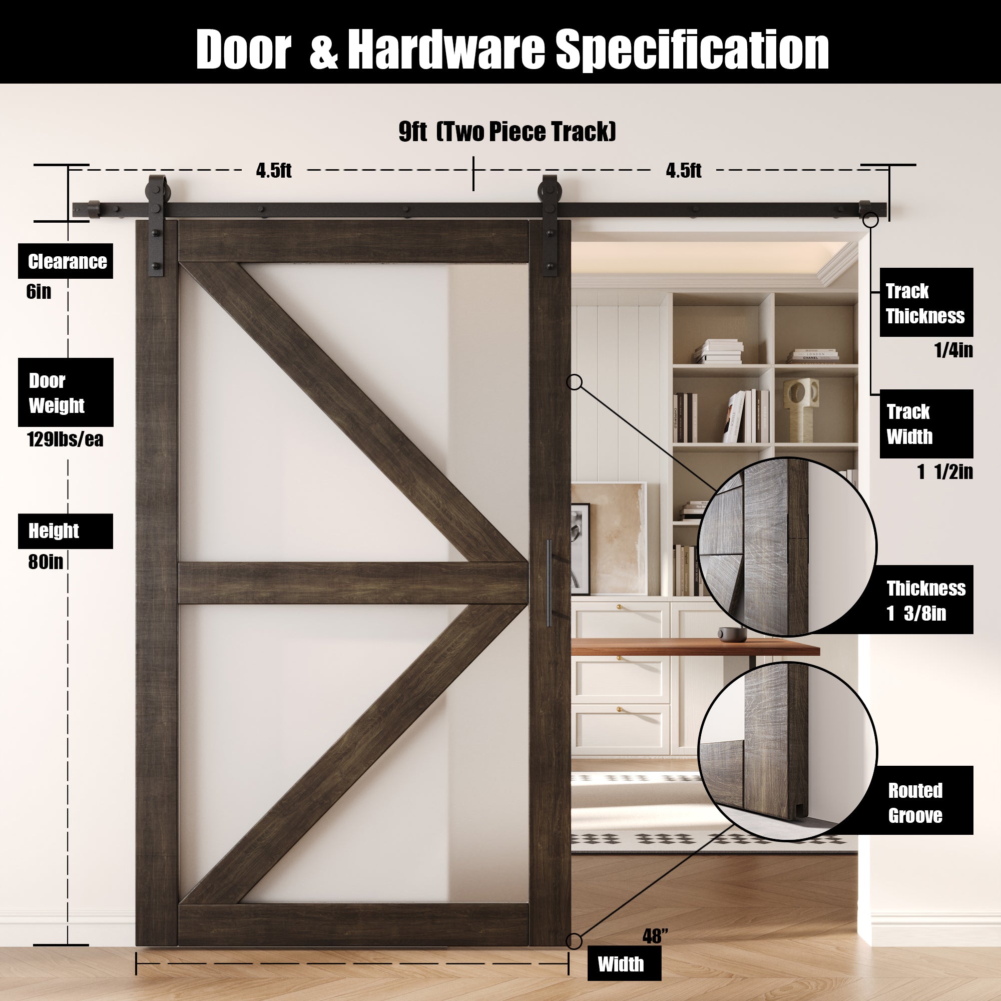 80" Height Ebony Arrow Pattern Glass Unassembled & Finished Pine Wood Barn Door with Non-Bypass Installation Hardware Kit (Interior Use Only)