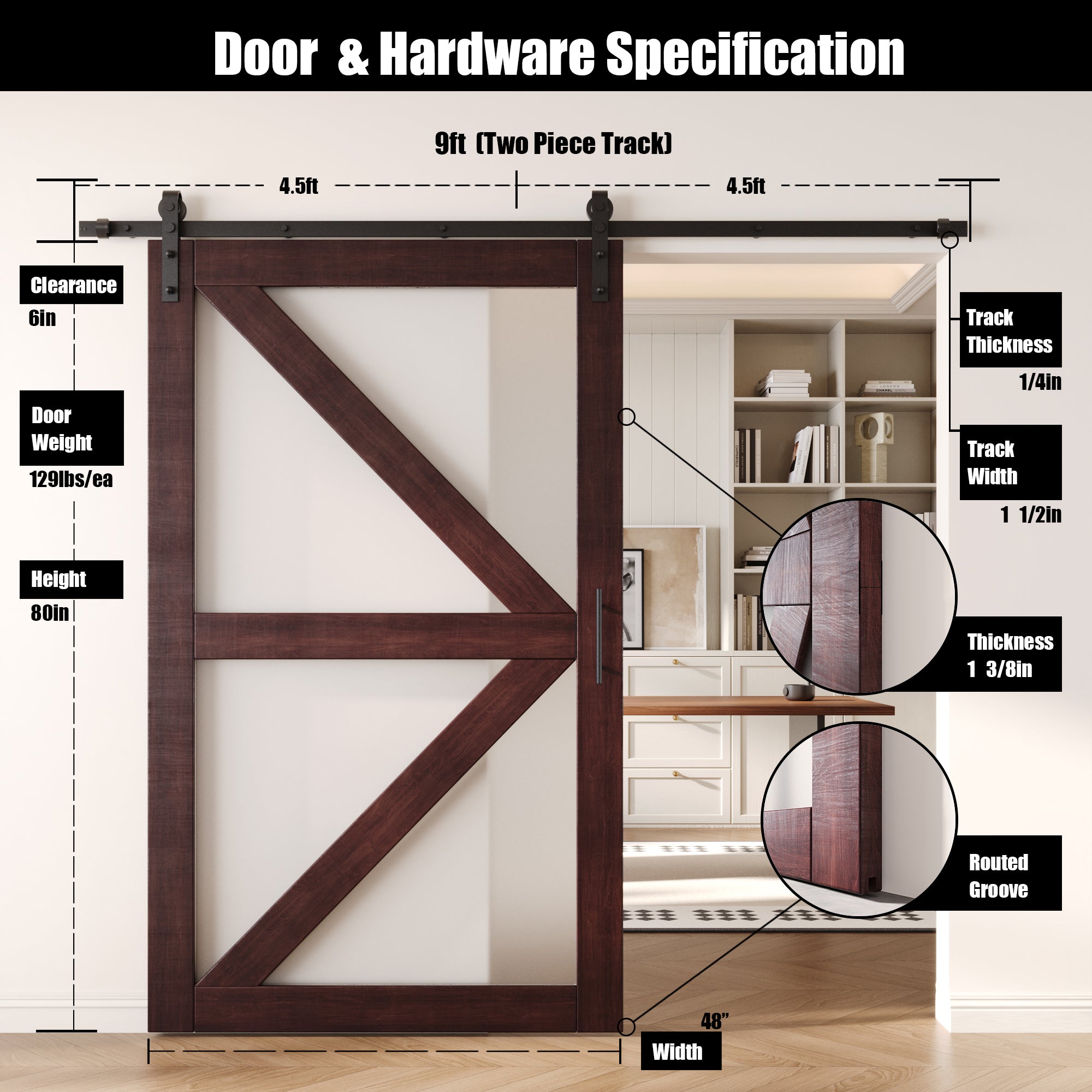 80" Height Red Mahogany Arrow Pattern Glass Design Unassembled & Finished Pine Wood Barn Door with Non-Bypass Installation Hardware Kit (Interior Use Only)
