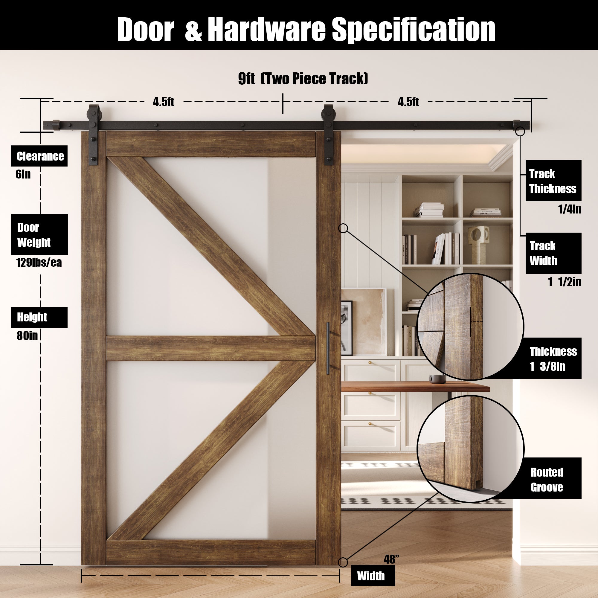80" Height Dark Walnut Arrow Pattern Glass Unassembled & Finished Pine Wood Barn Door with Non-Bypass Installation Hardware Kit (Interior Use Only)