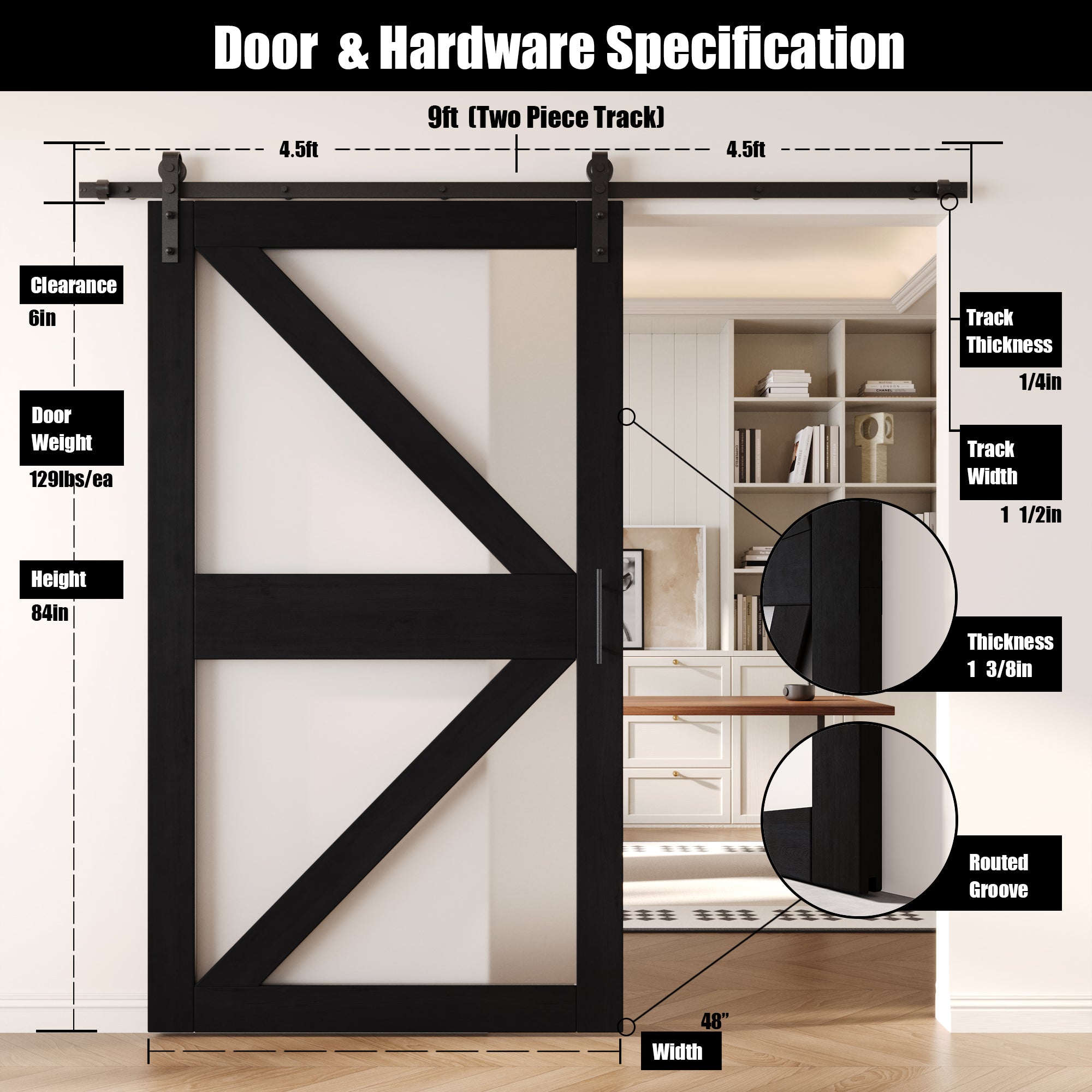 84" Height Black Arrow Pattern Glass Unassembled & Finished Pine Wood Barn Door with Non-Bypass Installation Hardware Kit (Interior Use Only)