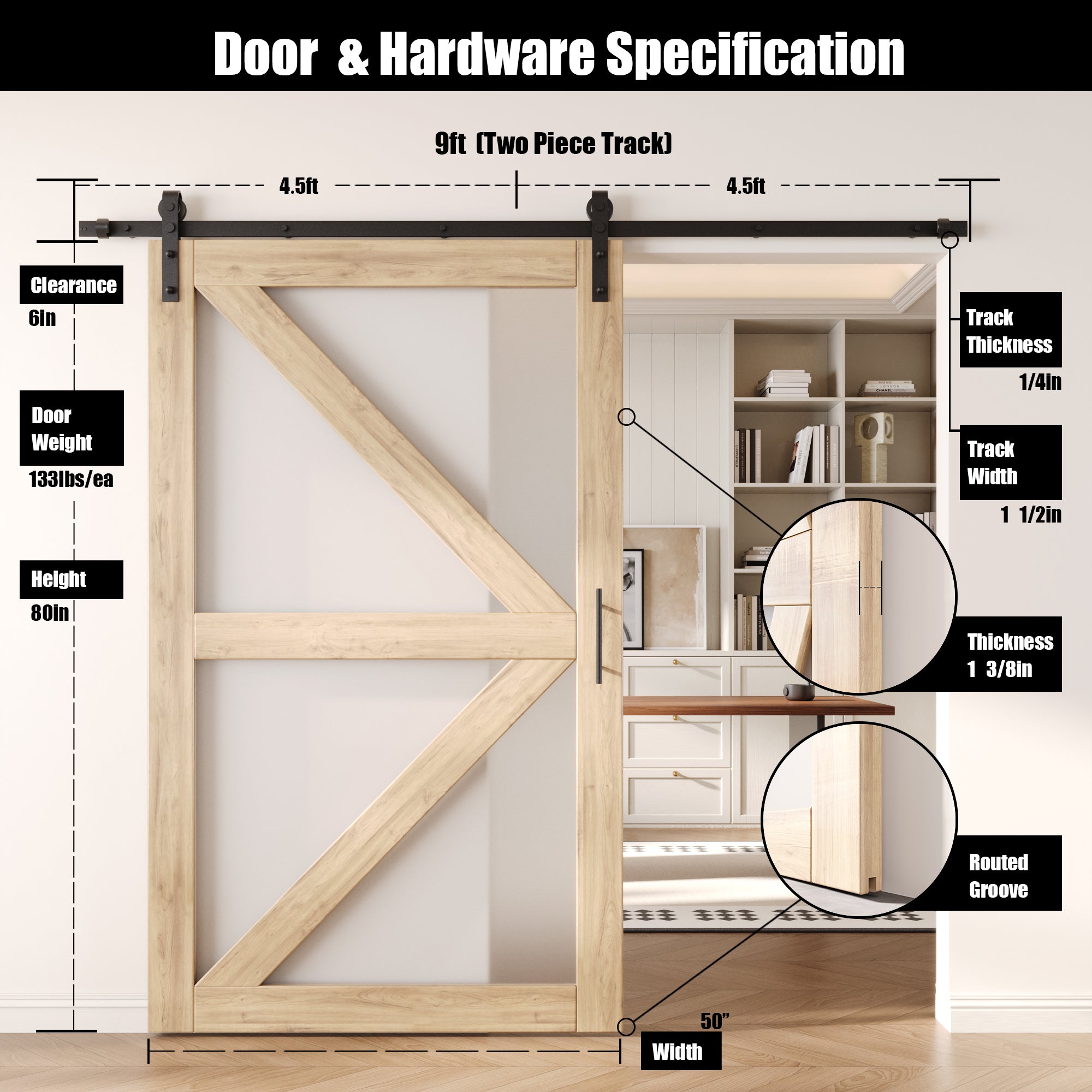 80" Height Frosted Glass Arrow Design Unassembled & Unfinished Pine Wood Barn Door with Non-Bypass Installation Hardware Kit (Interior Use Only)