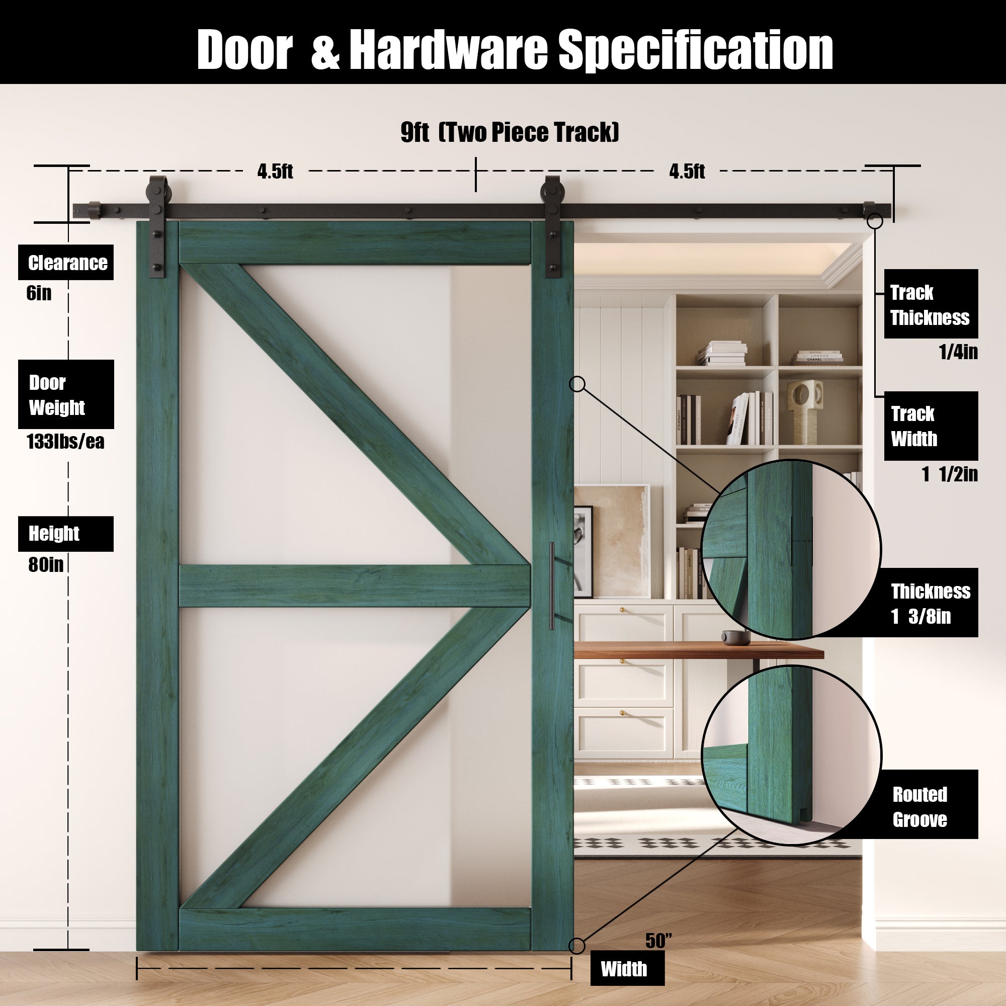 80" Height Royal Pine Arrow Pattern Glass Unassembled & Finished Pine Wood Barn Door with Non-Bypass Installation Hardware Kit (Interior Use Only)