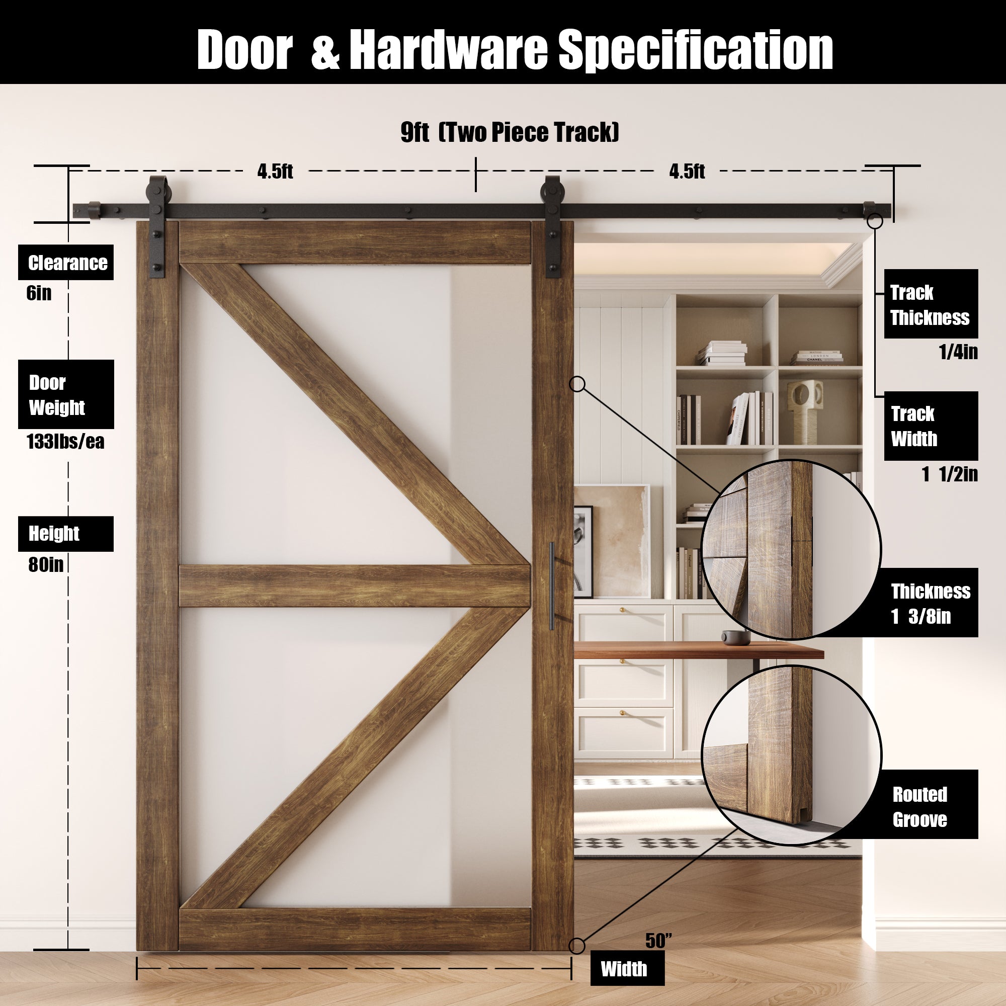 80" Height Dark Walnut Arrow Pattern Glass Unassembled & Finished Pine Wood Barn Door with Non-Bypass Installation Hardware Kit (Interior Use Only)