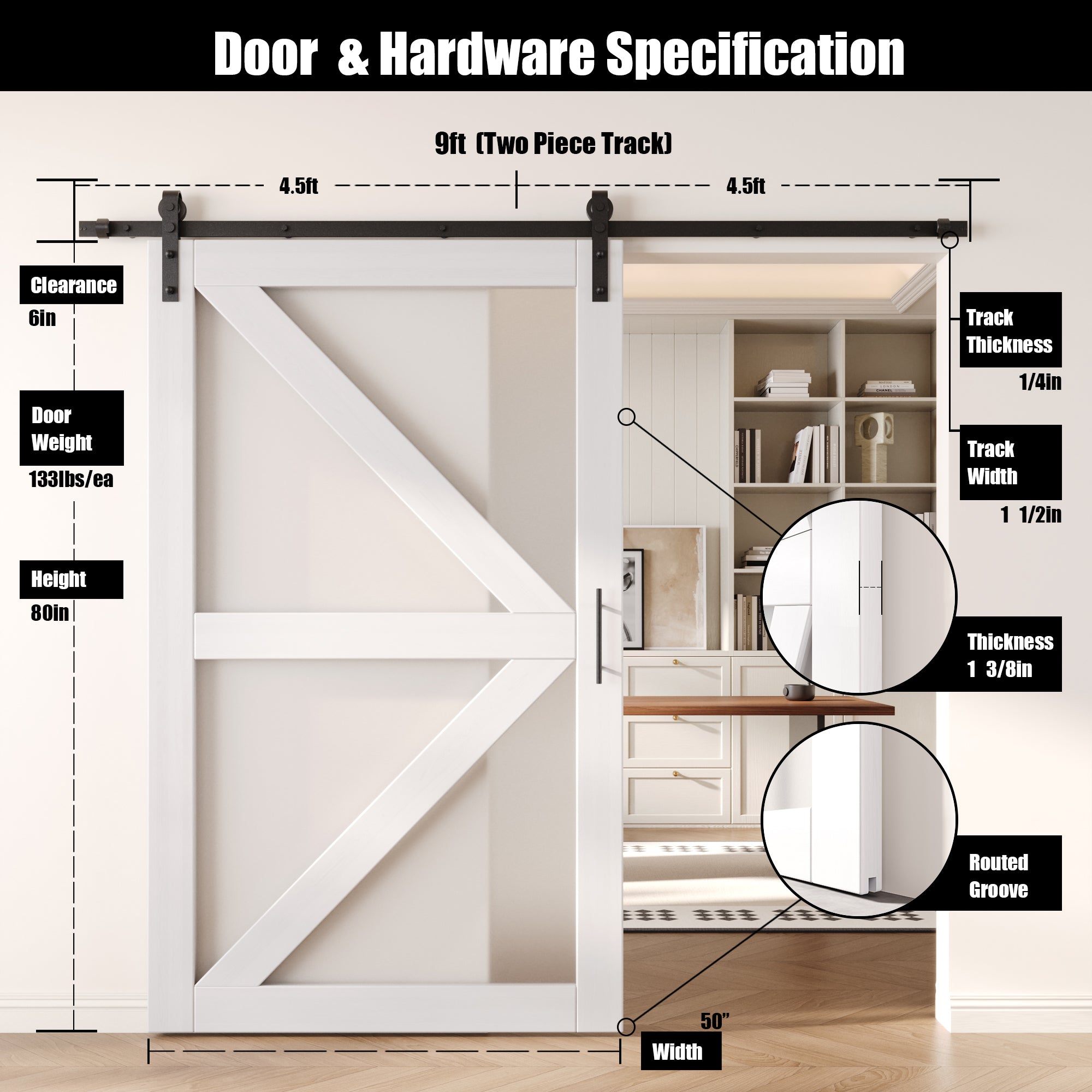 80" Height White Arrow Pattern Glass Unassembled & Finished Pine Wood Barn Door with Non-Bypass Installation Hardware Kit (Interior Use Only)