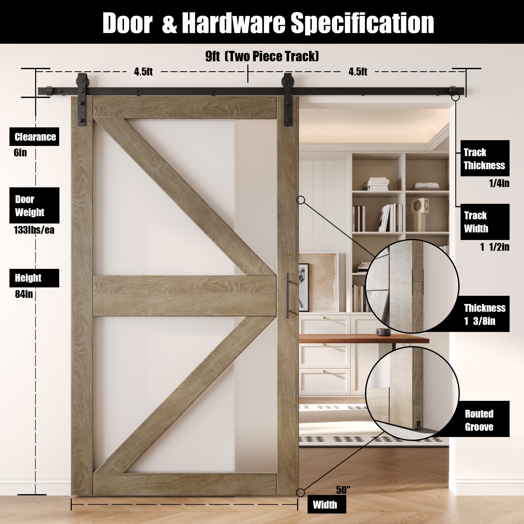 84" Height Classic Gray Arrow Pattern Glass Unassembled & Finished Pine Wood Barn Door with Non-Bypass Installation Hardware Kit (Interior Use Only)