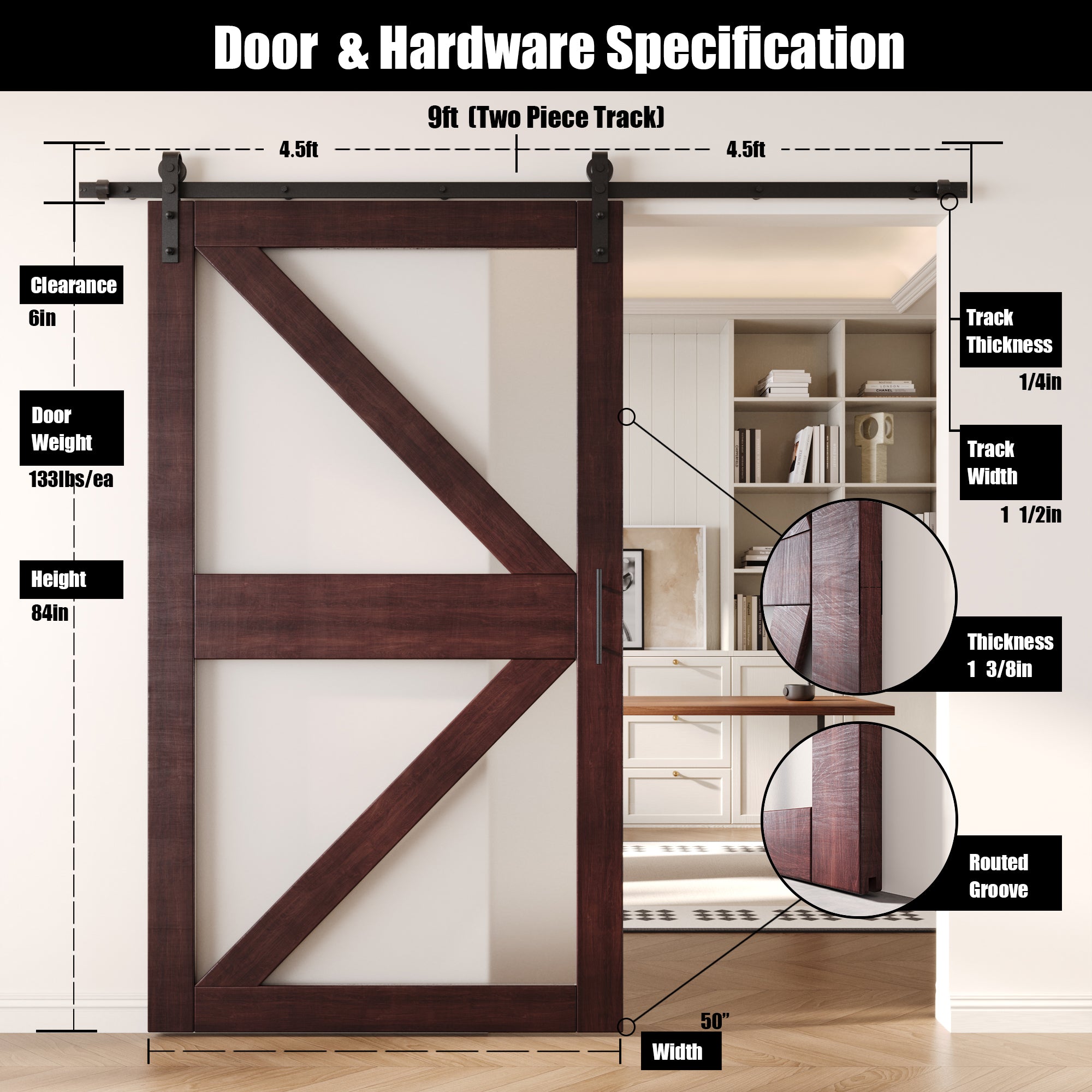 84" Height Red Mahogany Frosted Glass Arrow Design Unassembled & Finished Pine Wood Barn Door with Non-Bypass Installation Hardware Kit (Interior Use Only)
