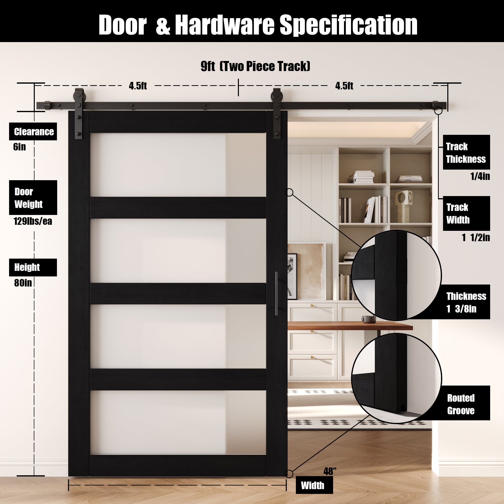 80" Height Black 4-Lite Frosted Glass Unassembled & Finished Pine Wood Barn Door with Non-Bypass Installation Hardware Kit (Interior Use Only)