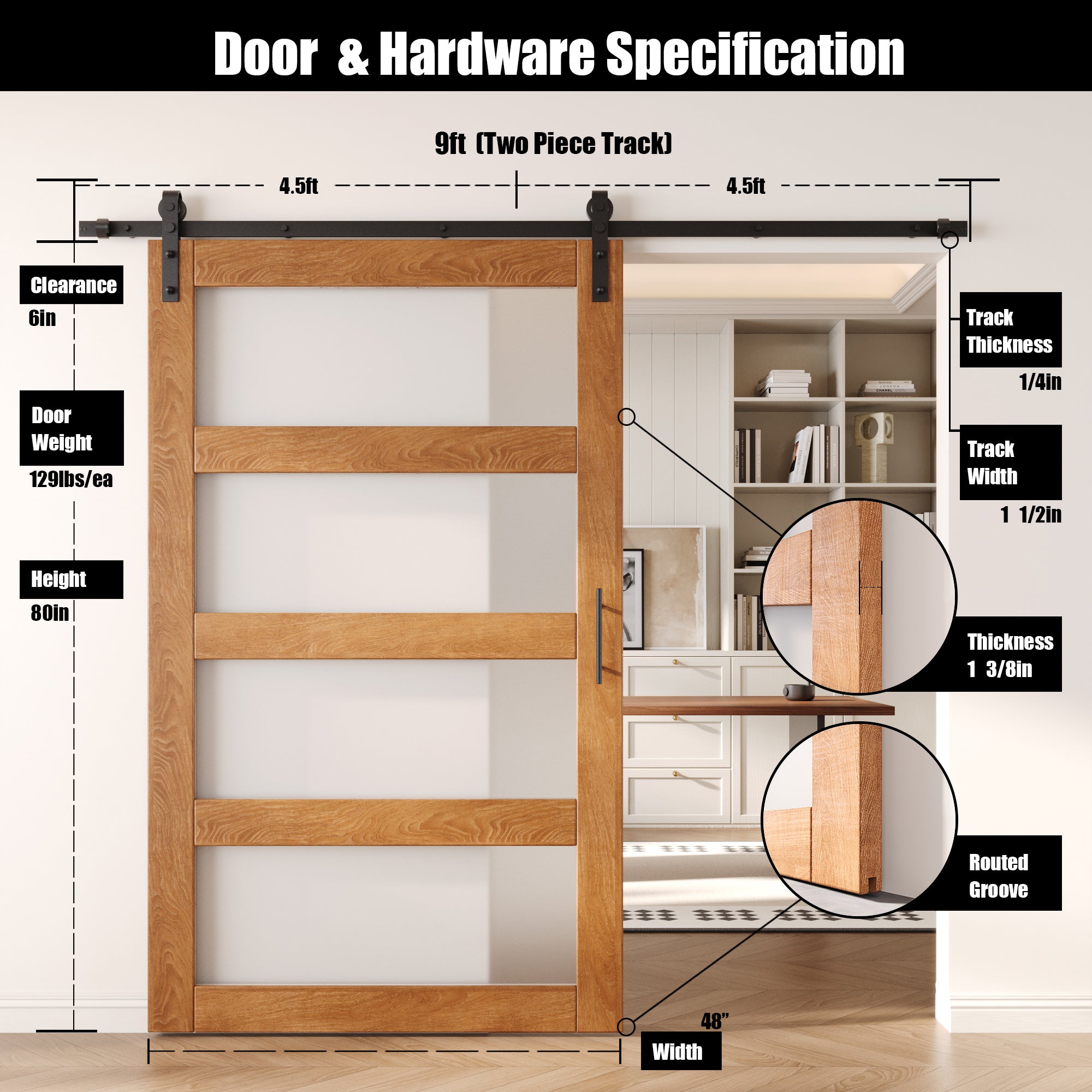 80" Height Early American 4-Lite Frosted Glass Unassembled & Finished Pine Wood Barn Door with Non-Bypass Installation Hardware Kit (Interior Use Only)