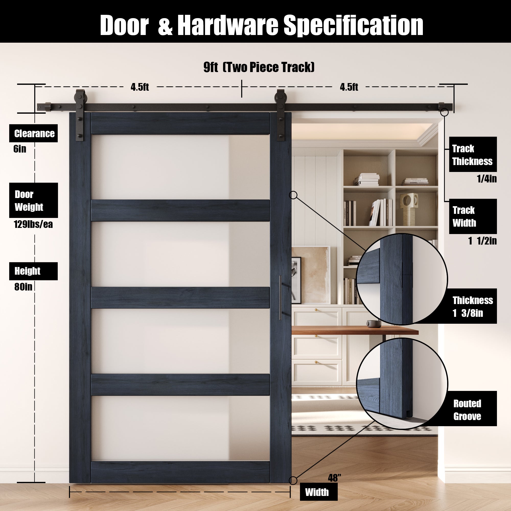 80" Height Navy 4-Lite Frosted Glass Unassembled & Finished Pine Wood Barn Door with Non-Bypass Installation Hardware Kit (Interior Use Only)