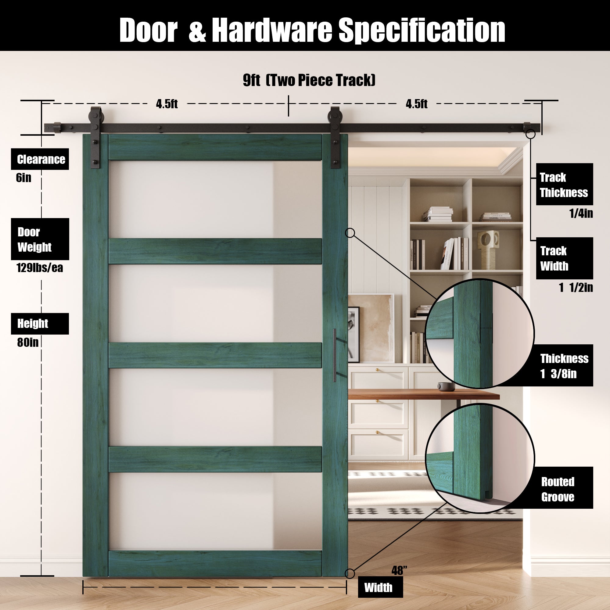 80" Height Royal Pine 4-Lite Frosted Glass Unassembled & Finished Pine Wood Barn Door with Non-Bypass Installation Hardware Kit (Interior Use Only)