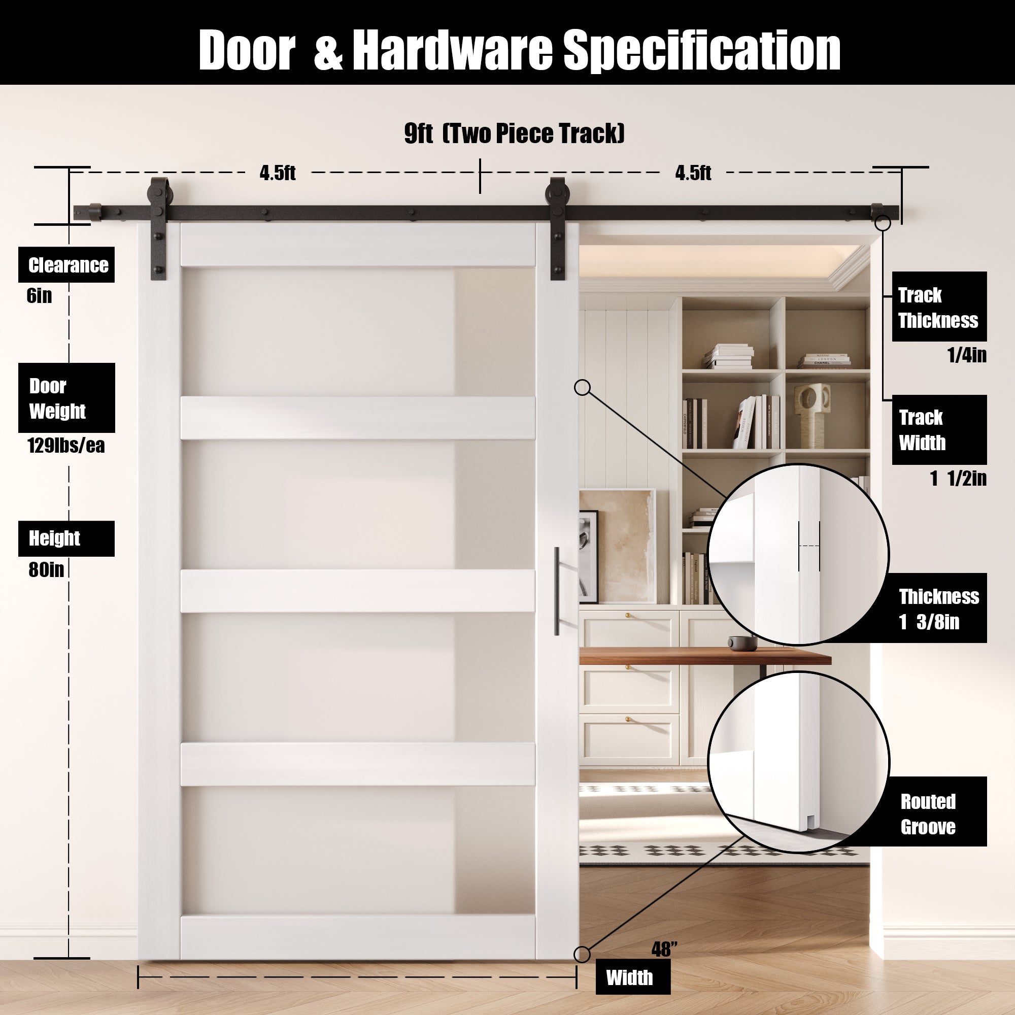 80" Height White 4-Lite Frosted Glass Unassembled & Finished Pine Wood Barn Door with Non-Bypass Installation Hardware Kit (Interior Use Only)