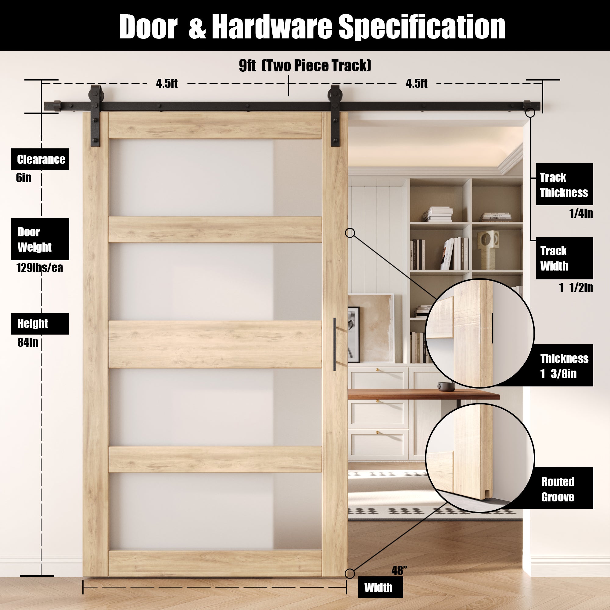 84" Height 4-Lite Frosted Glass Unassembled & Unfinished Pine Wood Barn Door with Non-Bypass Installation Hardware Kit (Interior Use Only)