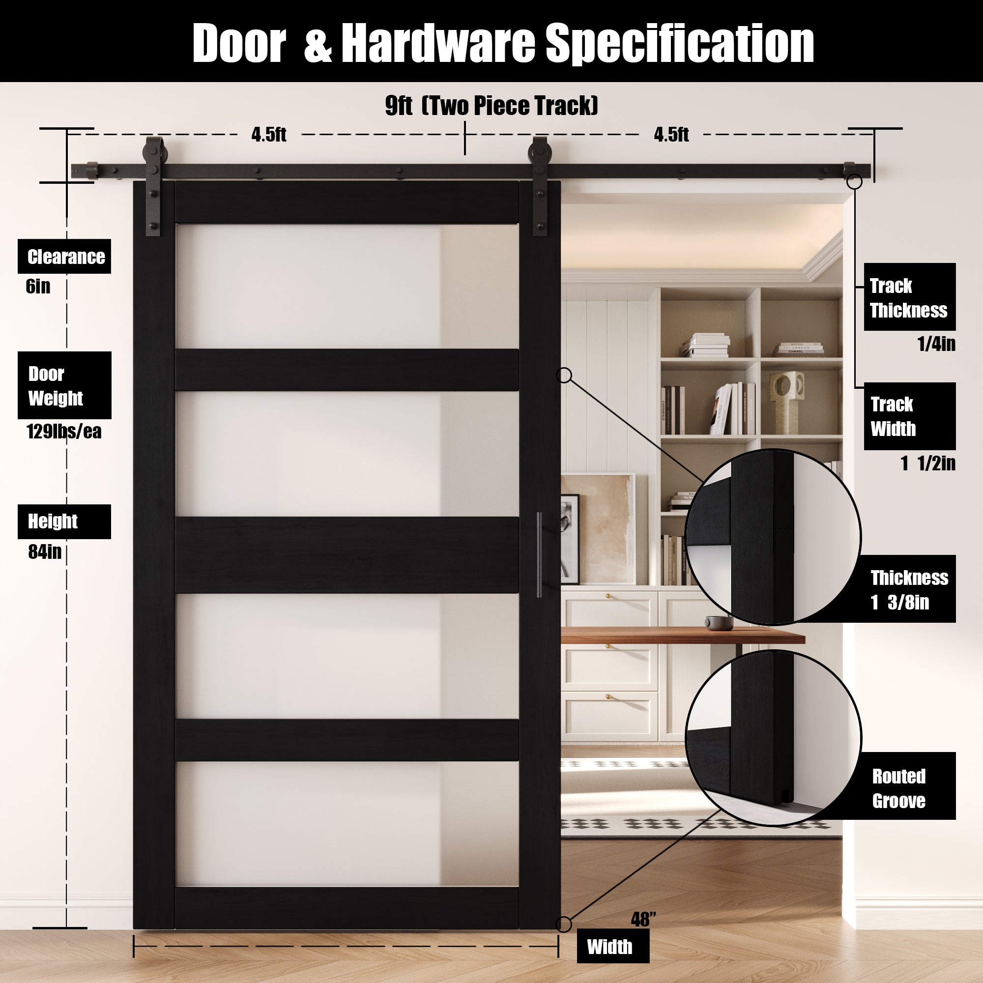 84" Height Black 4-Lite Frosted Glass Unassembled & Finished Pine Wood Barn Door with Non-Bypass Installation Hardware Kit (Interior Use Only)