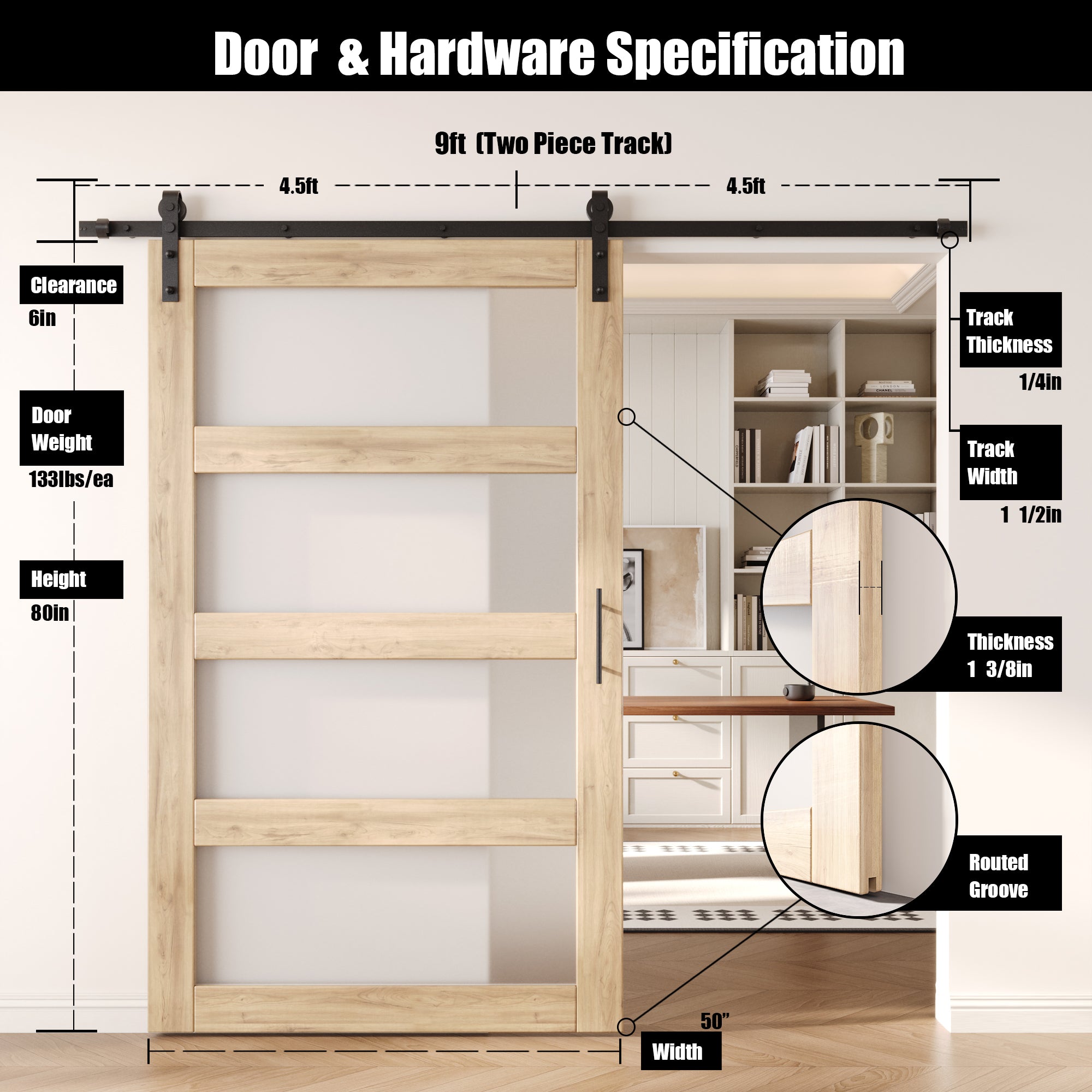 80" Height 4-Lite Frosted Glass Unassembled & Unfinished Pine Wood Barn Door with Non-Bypass Installation Hardware Kit (Interior Use Only)