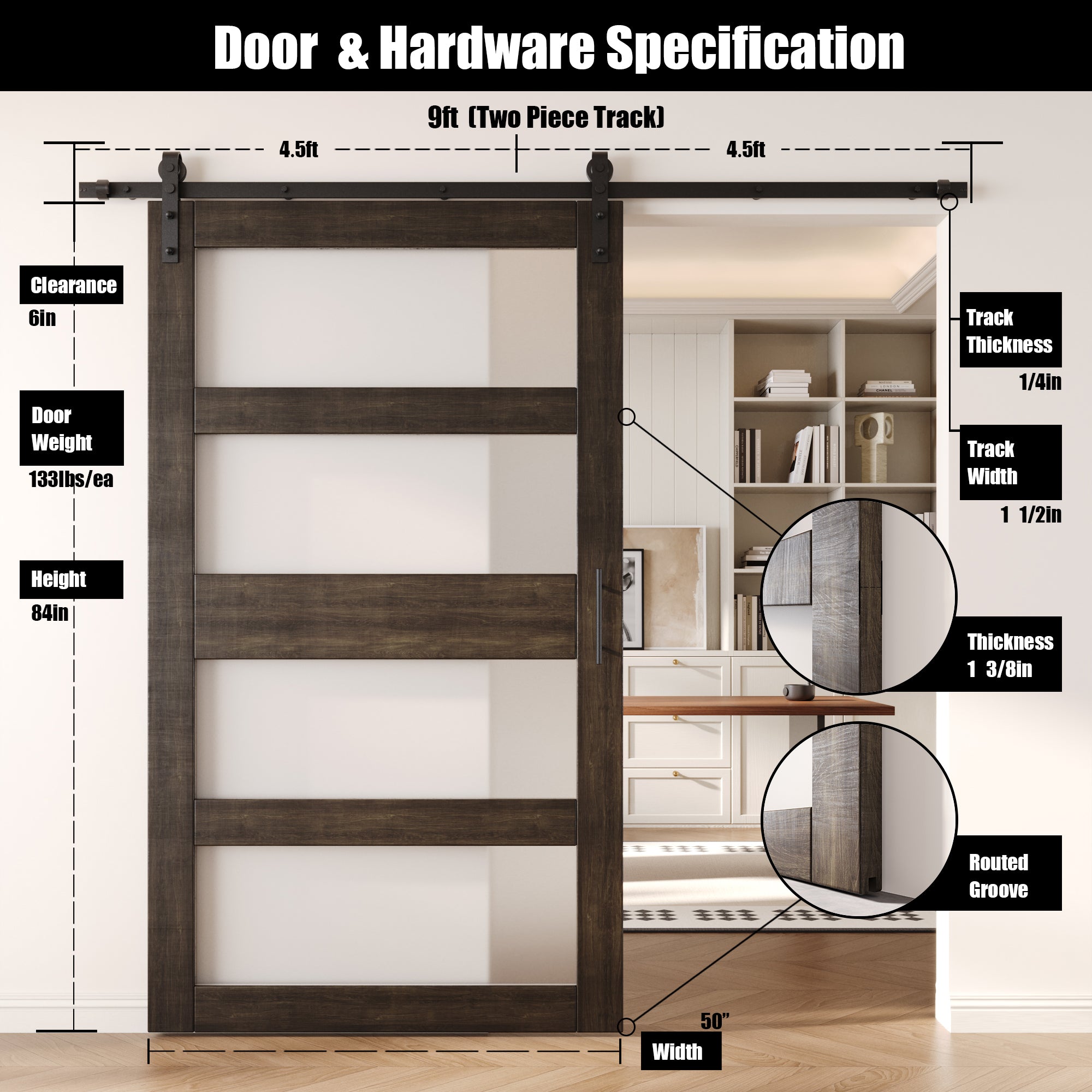 84" Height Ebony 4-Lite Frosted Glass Unassembled & Finished Pine Wood Barn Door with Non-Bypass Installation Hardware Kit (Interior Use Only)