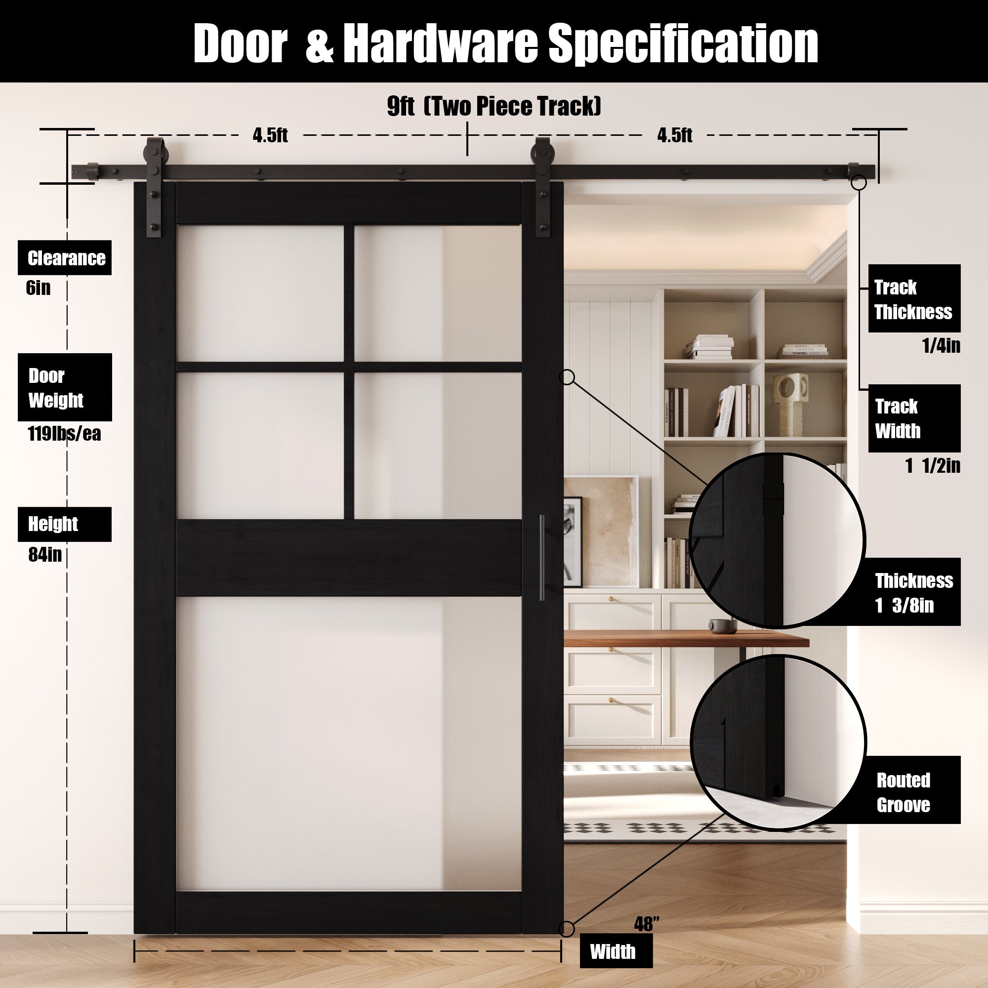 84" Height Black 5-Lite Frosted Glass Unassembled & Finished Pine Wood Barn Door with Non-Bypass Installation Hardware Kit (Interior Use Only)