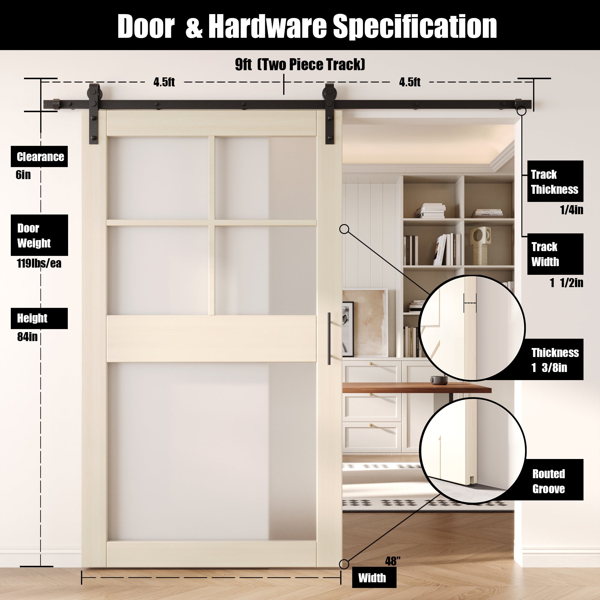 84" Height Tinsmith Gray 5-Lite Frosted Glass Unassembled & Finished Pine Wood Barn Door with Non-Bypass Installation Hardware Kit (Interior Use Only)