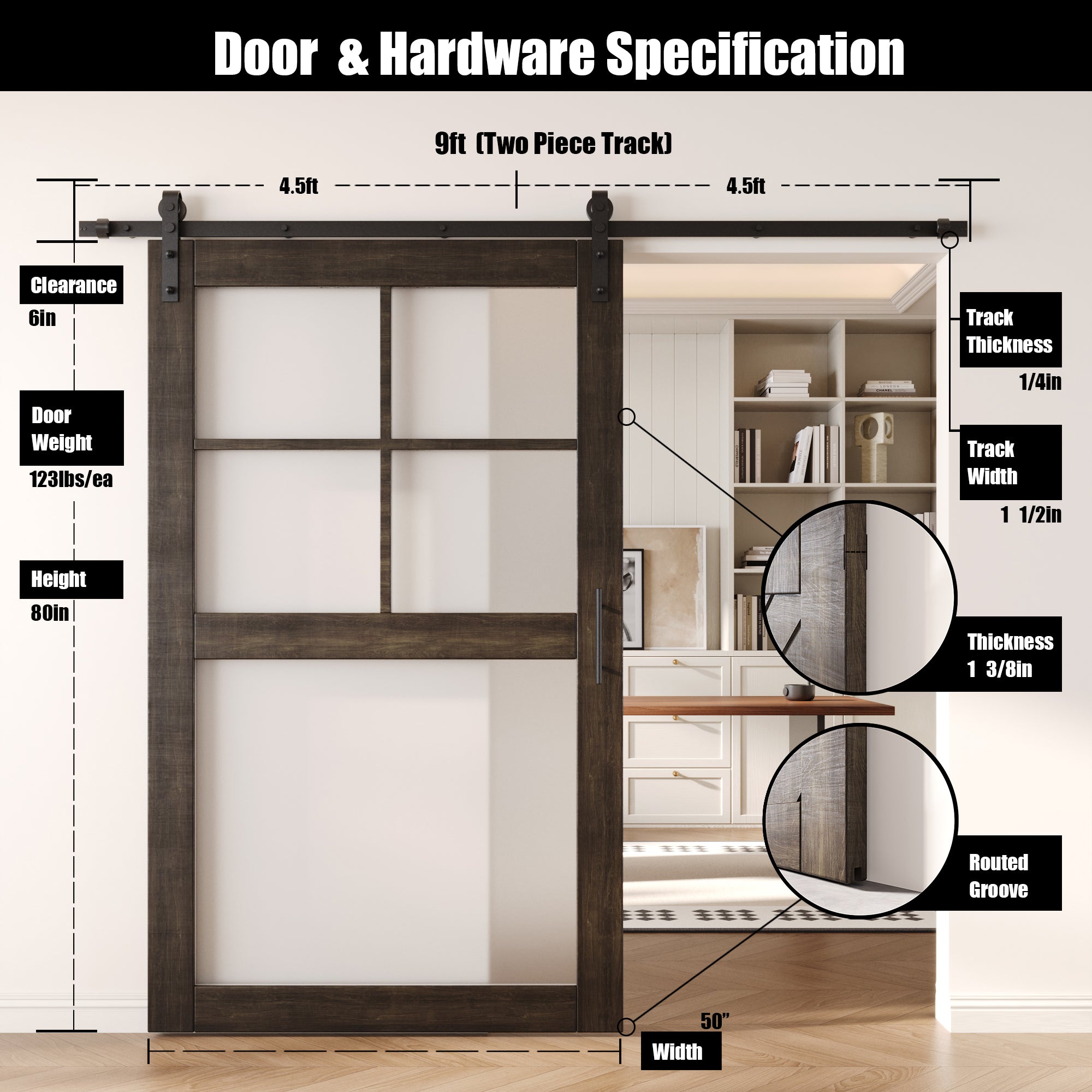 80" Height Ebony 5-Lite Frosted Glass Unassembled & Finished Pine Wood Barn Door with Non-Bypass Installation Hardware Kit (Interior Use Only)