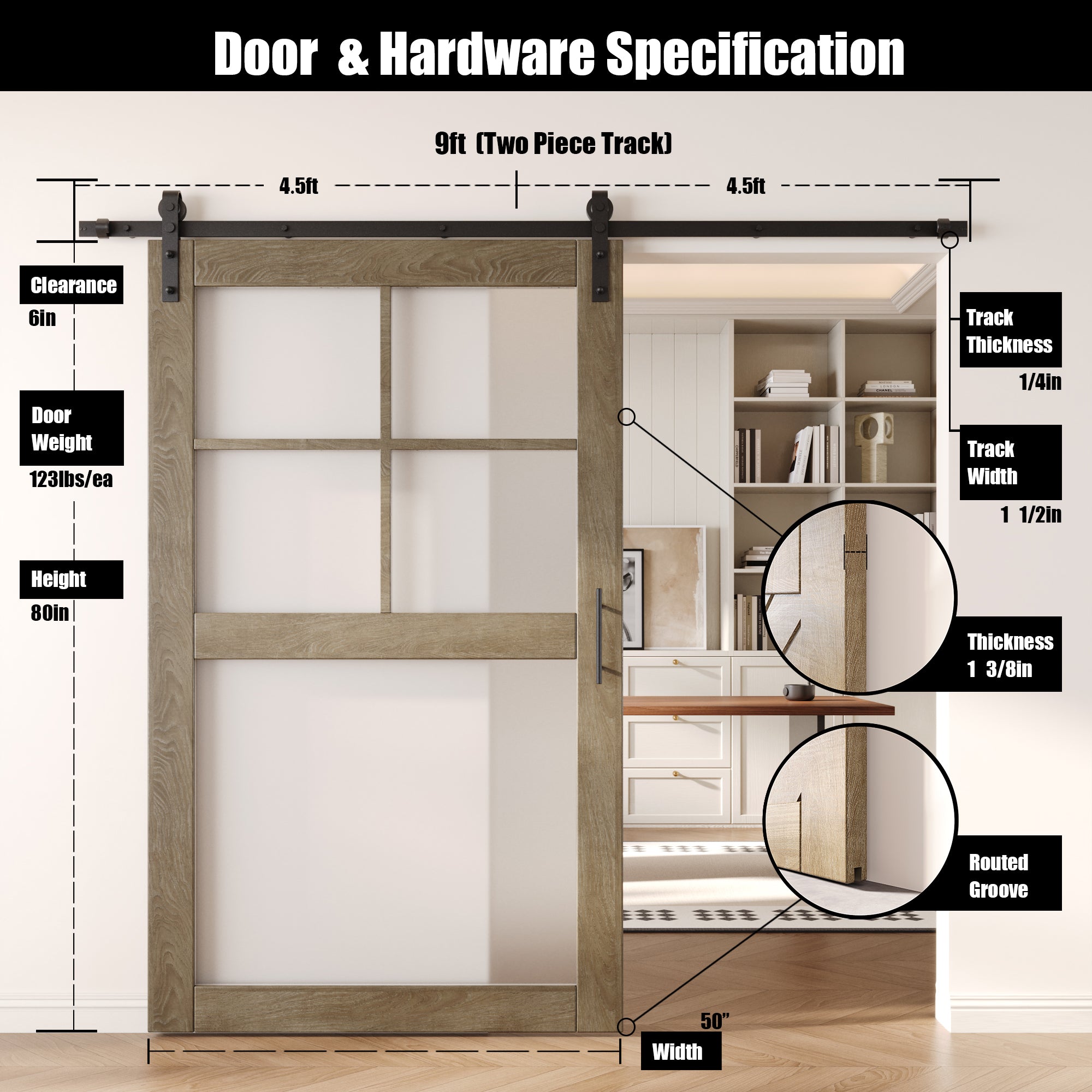 80" Height Classic Gray 5-Lite Frosted Glass Unassembled & Finished Pine Wood Barn Door with Non-Bypass Installation Hardware Kit (Interior Use Only)