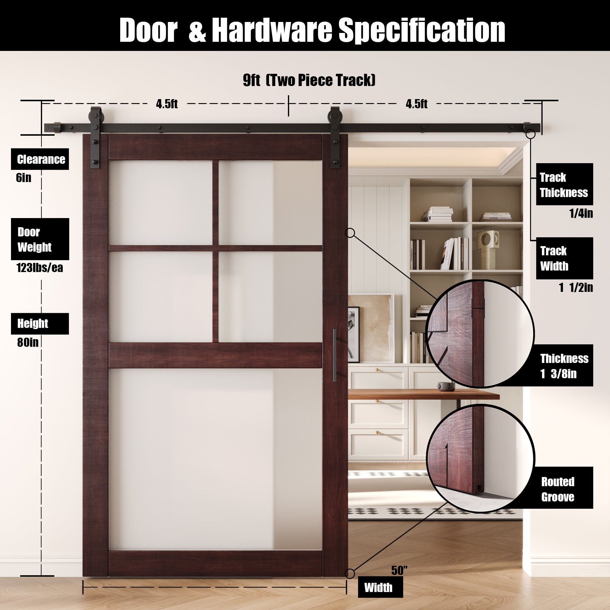 80" Height Red Mahogany 5-Lite Frosted Glass Unassembled & Finished Pine Wood Barn Door with Non-Bypass Installation Hardware Kit (Interior Use Only)