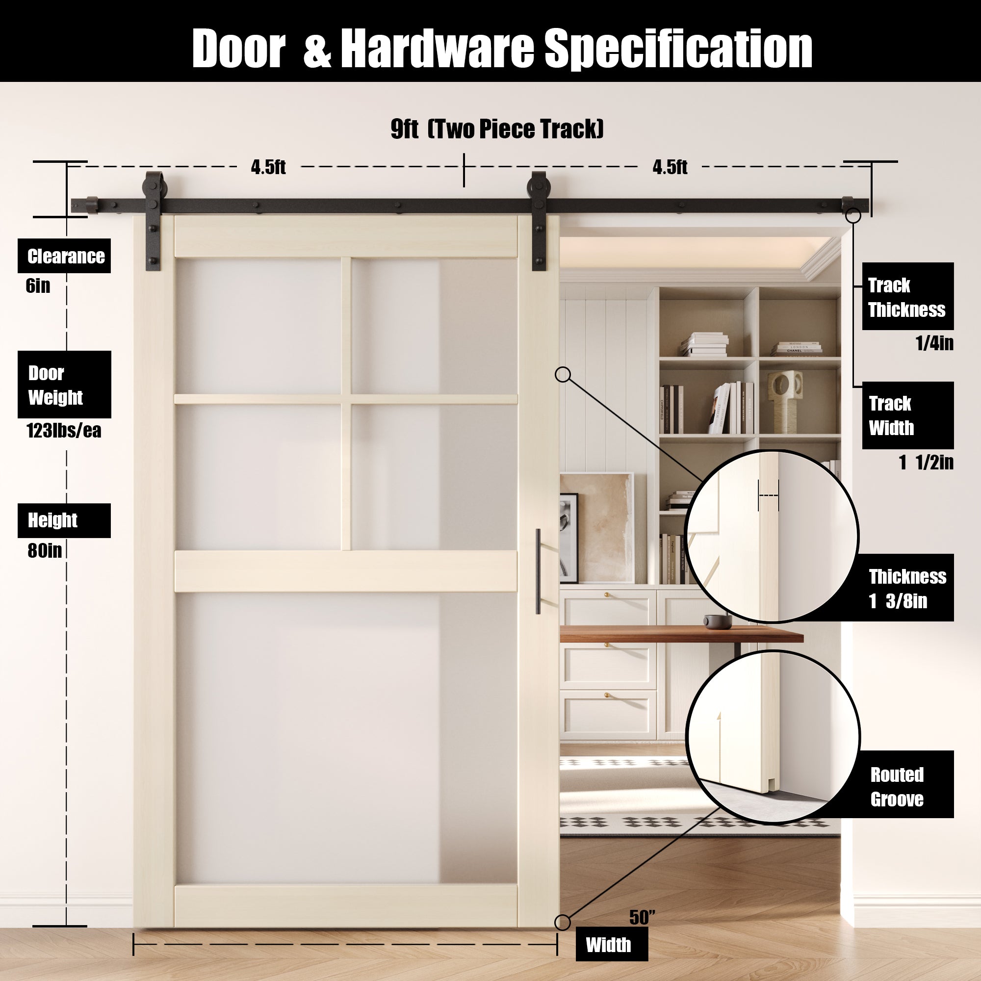 80" Height Tinsmith Gray 5-Lite Frosted Glass Unassembled & Finished Pine Wood Barn Door with Non-Bypass Installation Hardware Kit (Interior Use Only)