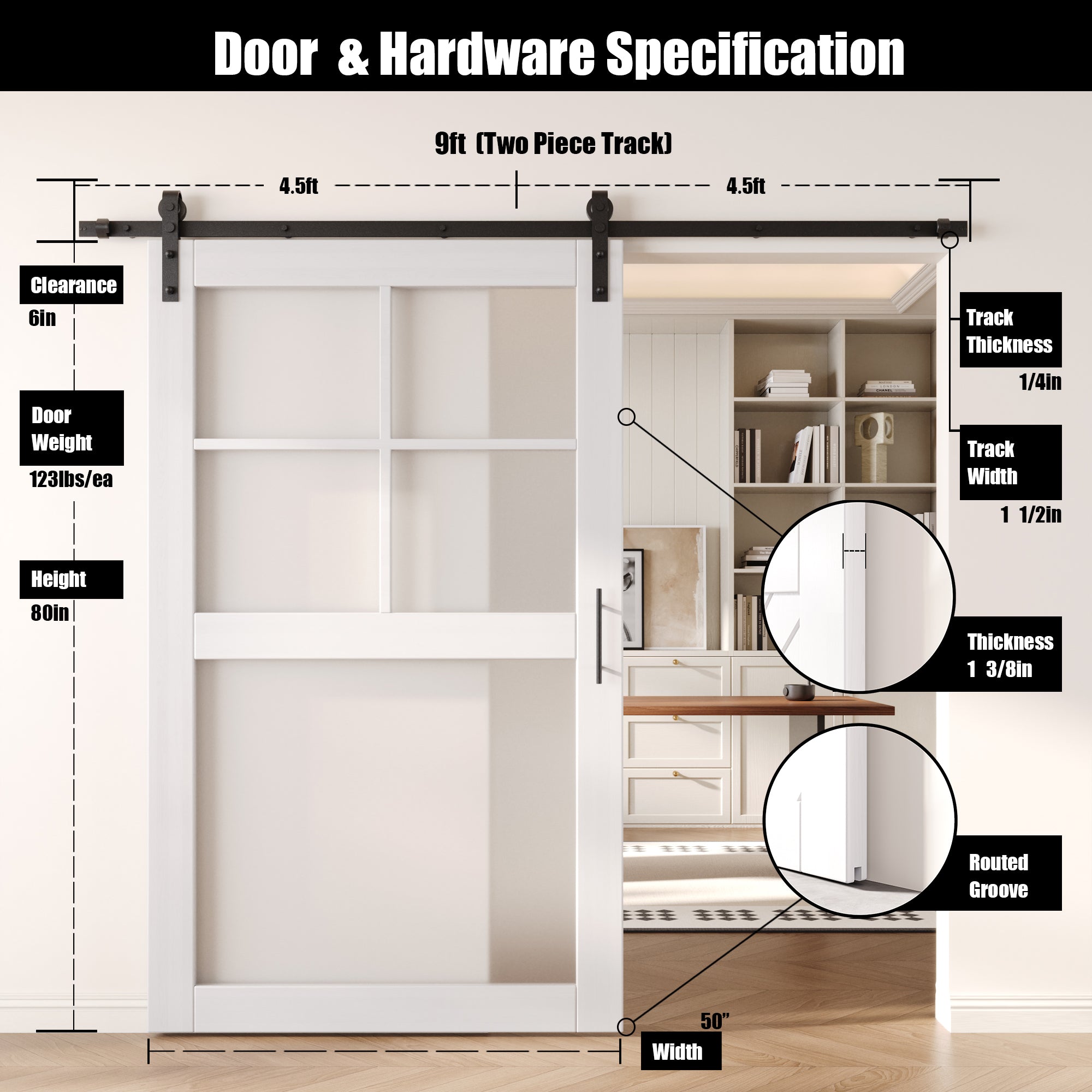 80" Height White 5-Lite Frosted Glass Unassembled & Finished Pine Wood Barn Door with Non-Bypass Installation Hardware Kit (Interior Use Only)