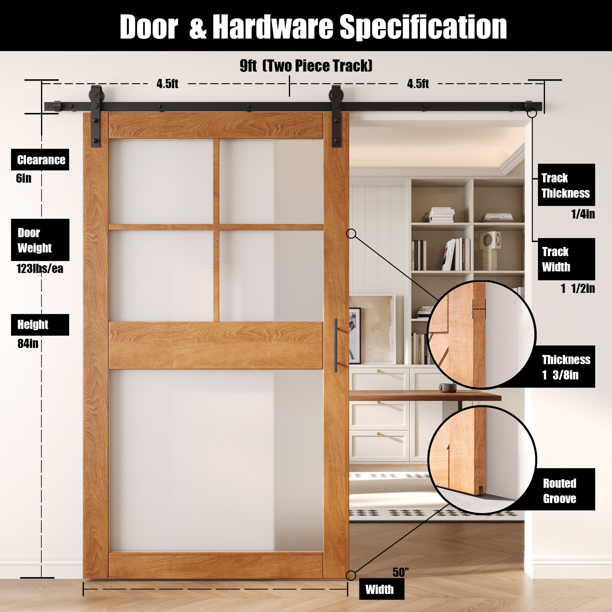 84" Height Early American 5-Lite Frosted Glass Unassembled & Finished Pine Wood Barn Door with Non-Bypass Installation Hardware Kit (Interior Use Only)