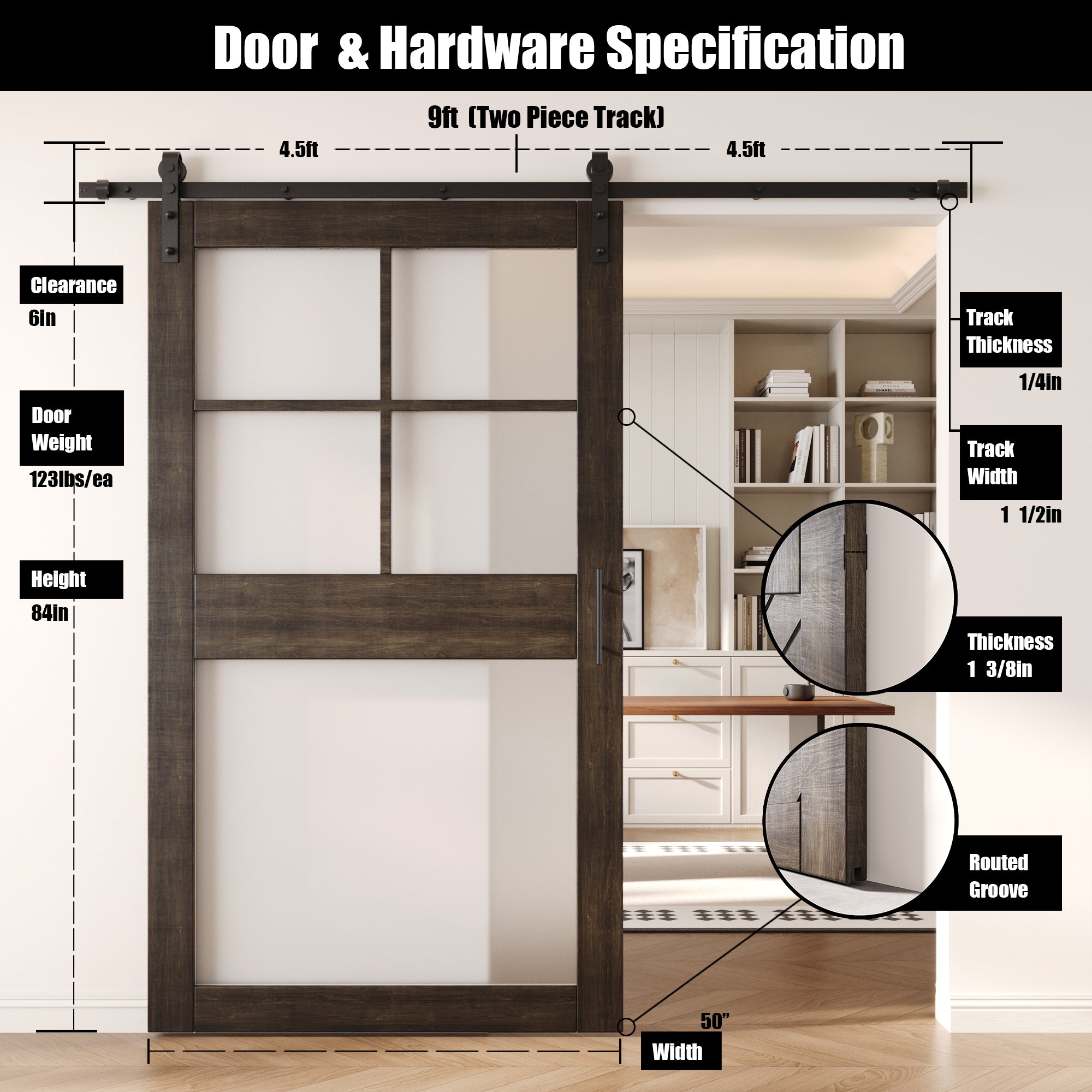 84" Height Ebony 5-Lite Frosted Glass Unassembled & Finished Pine Wood Barn Door with Non-Bypass Installation Hardware Kit (Interior Use Only)