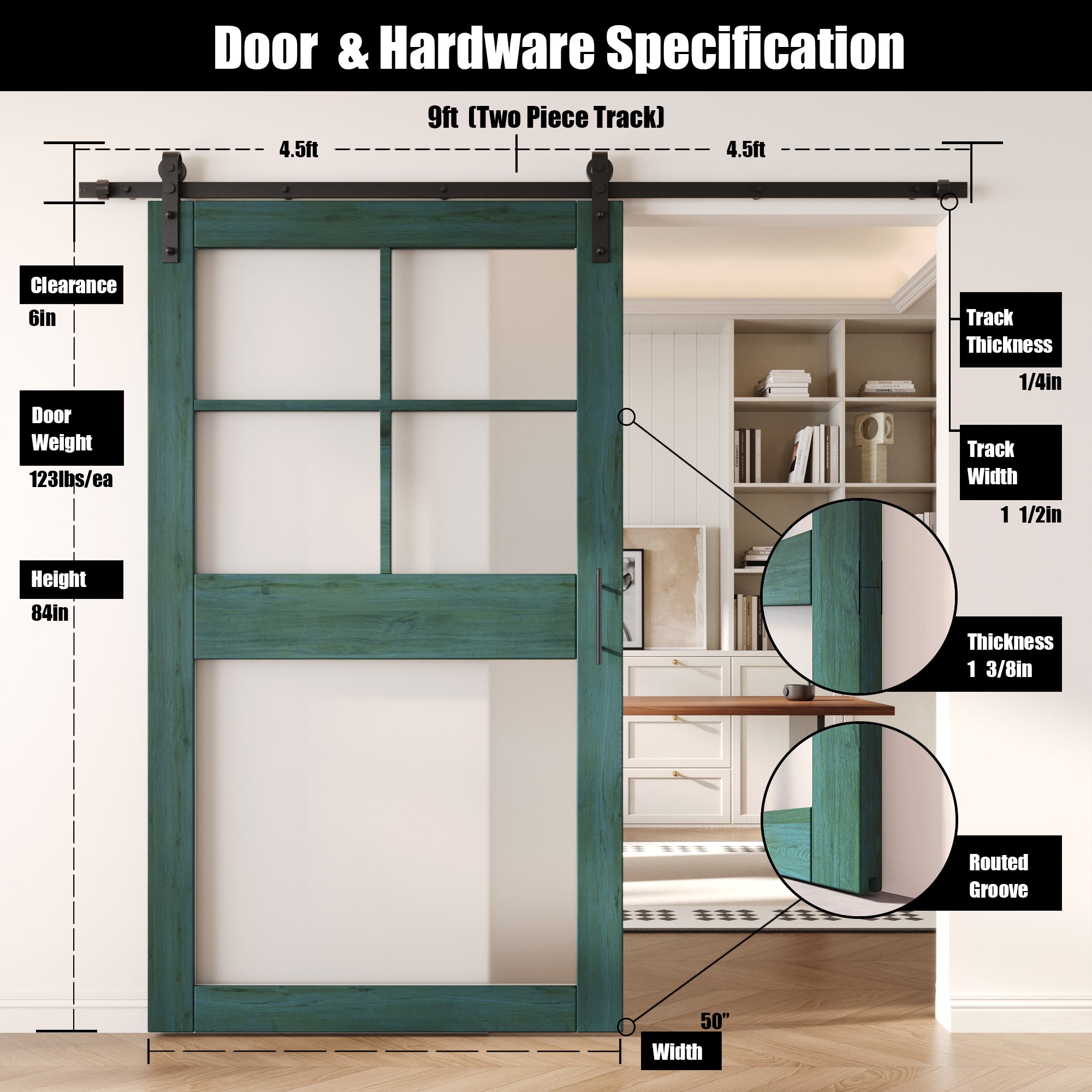 84" Height Royal Pine 5-Lite Frosted Glass Unassembled & Finished Pine Wood Barn Door with Non-Bypass Installation Hardware Kit (Interior Use Only)