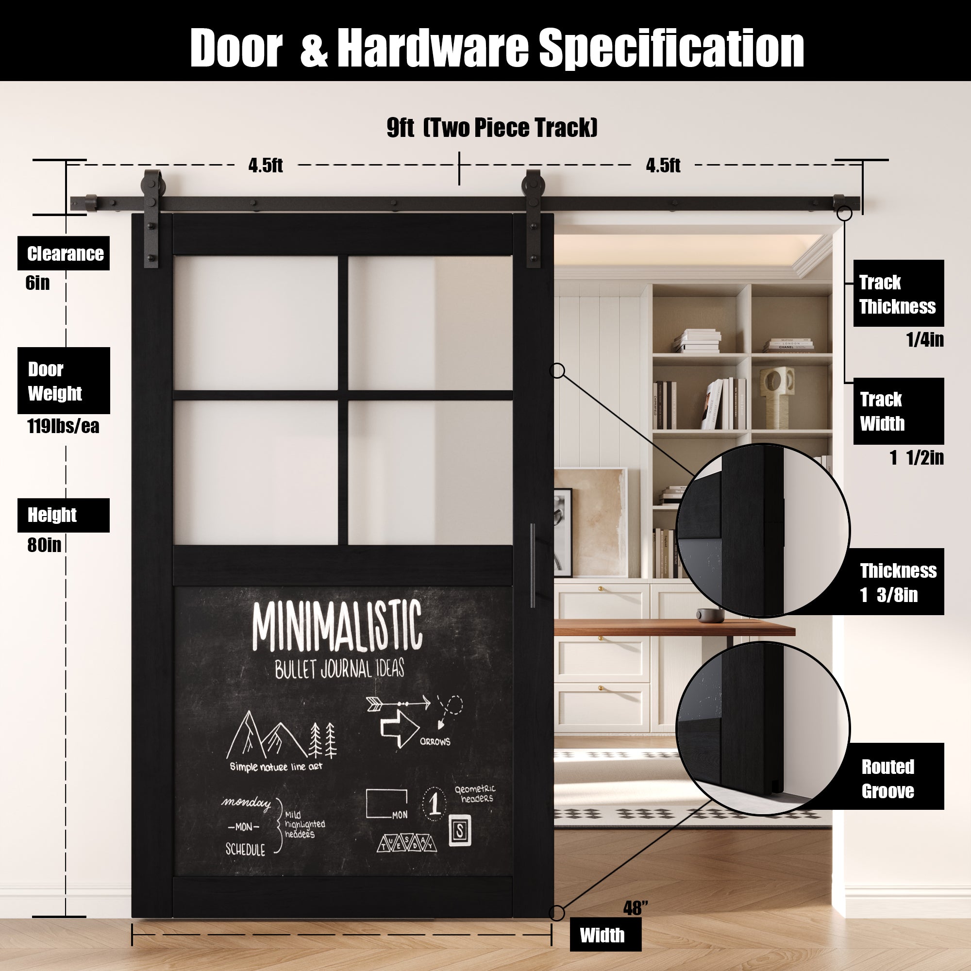 80" Height Black Half Lite Chalkboard Unassembled & Finished Pine Wood Barn Door with Non-Bypass Installation Hardware Kit (Interior Use Only)