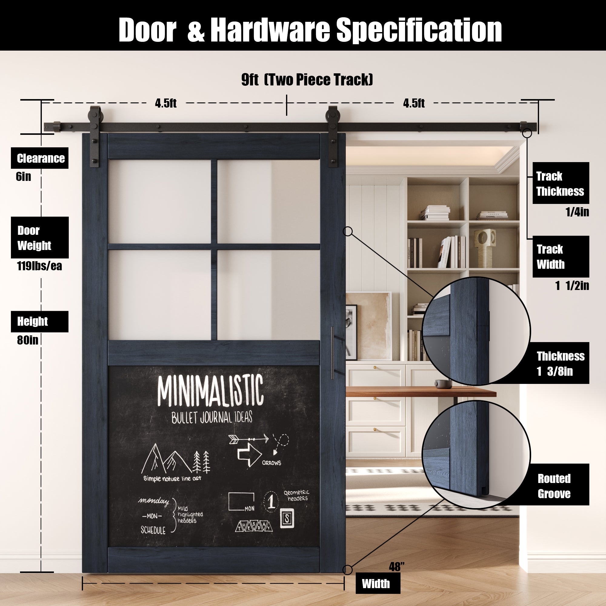 80" Height Navy Half Lite Chalkboard Unassembled & Finished Pine Wood Barn Door with Non-Bypass Installation Hardware Kit (Interior Use Only)