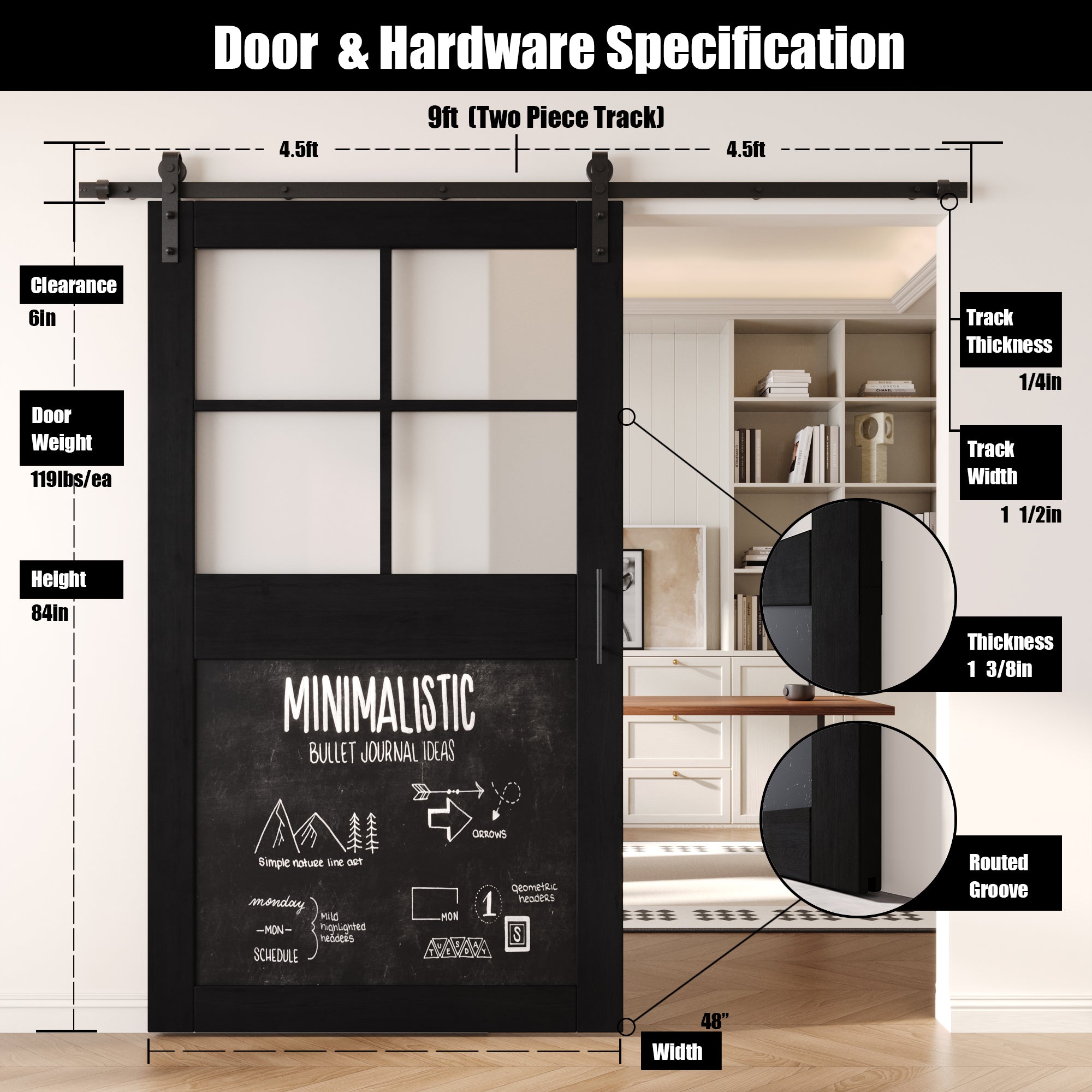 84" Height Black Half Lite Chalkboard Unassembled & Finished Pine Wood Barn Door with Non-Bypass Installation Hardware Kit (Interior Use Only)
