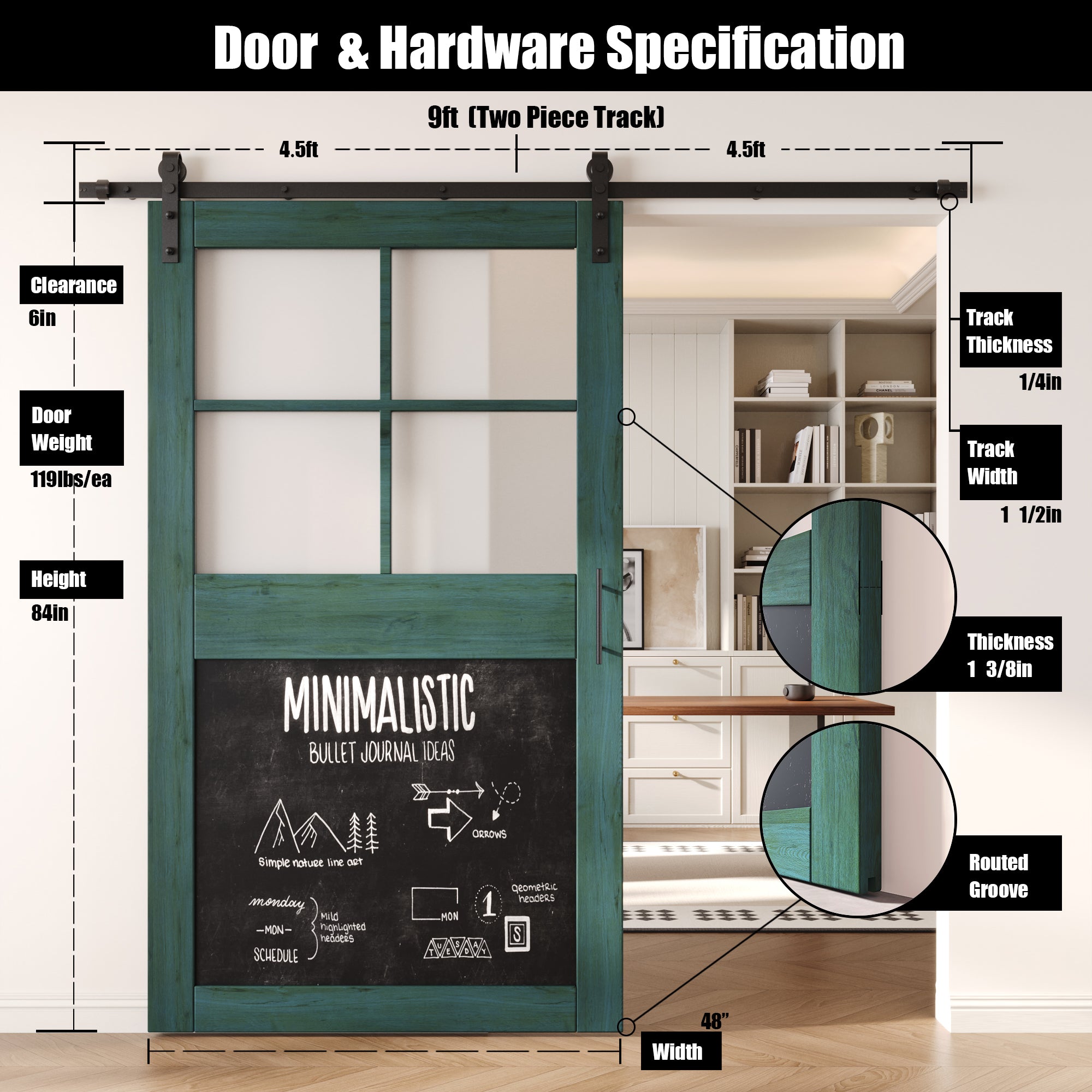 84" Height Royal Pine Half Lite Chalkboard Unassembled & Finished Pine Wood Barn Door with Non-Bypass Installation Hardware Kit (Interior Use Only)