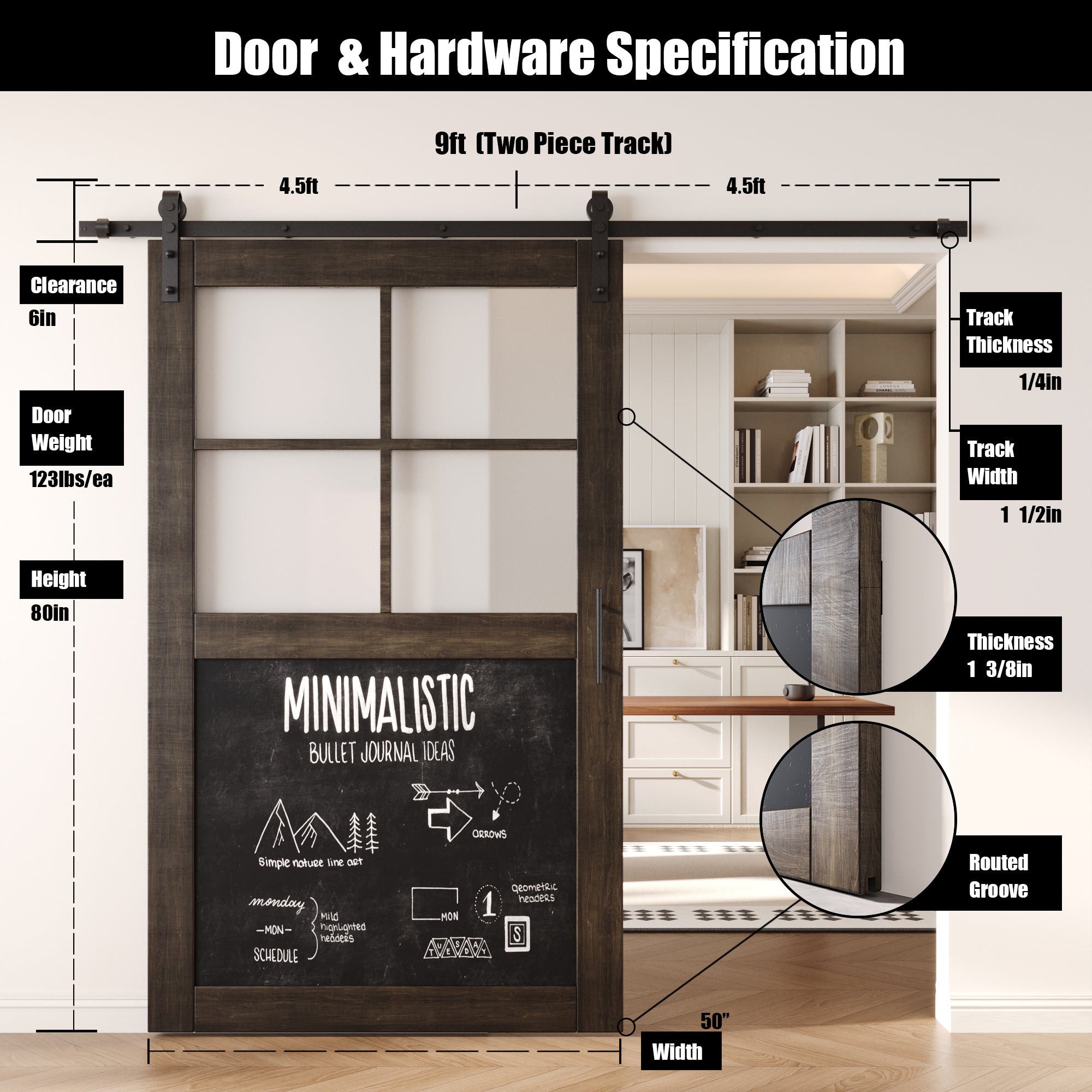80" Height Ebony Half Lite Chalkboard Unassembled & Finished Pine Wood Barn Door with Non-Bypass Installation Hardware Kit (Interior Use Only)