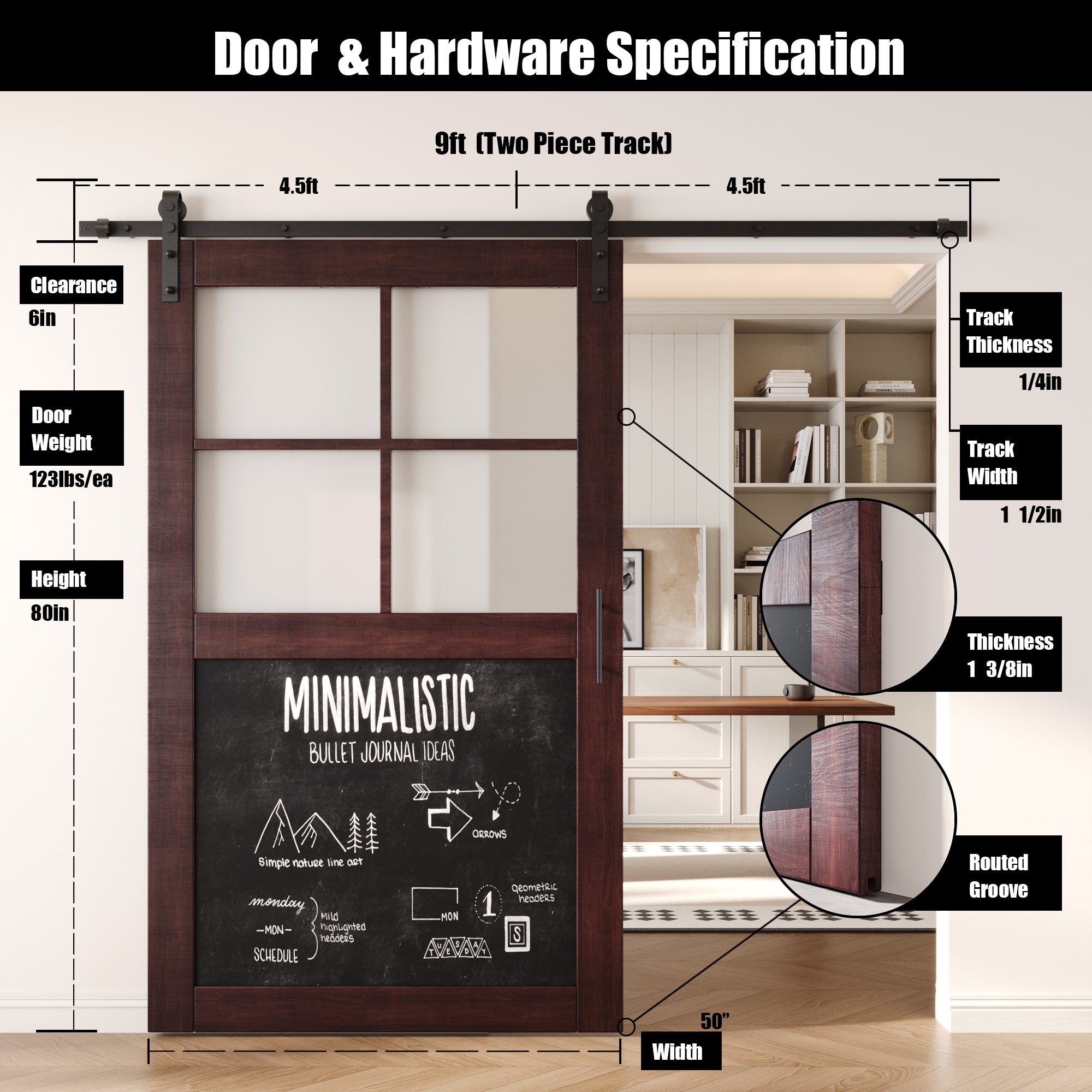 80" Height Red Mahogany Half Lite Chalkboard Unassembled & Finished Pine Wood Barn Door with Non-Bypass Installation Hardware Kit (Interior Use Only)