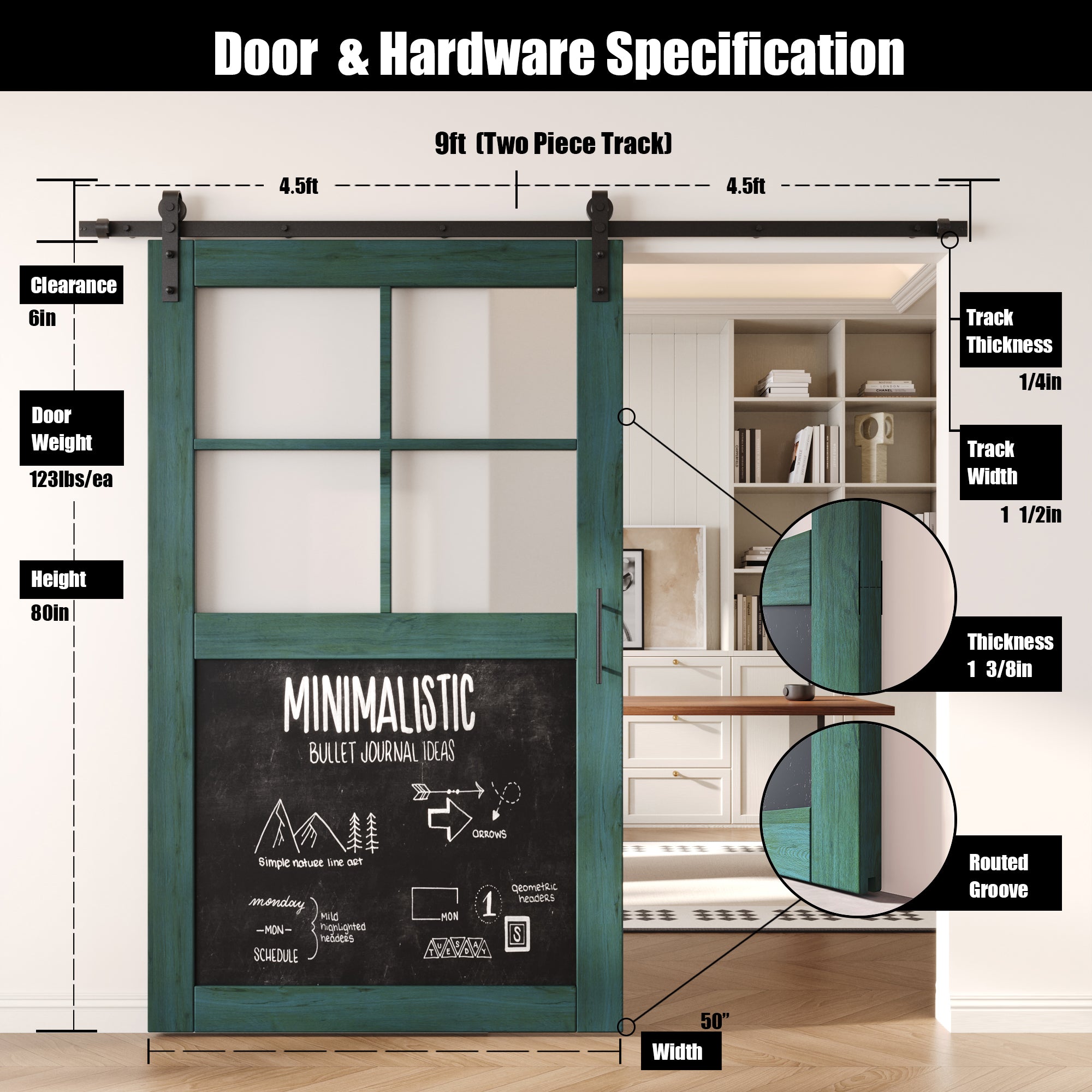 80" Height Royal Pine Half Lite Chalkboard Unassembled & Finished Pine Wood Barn Door with Non-Bypass Installation Hardware Kit (Interior Use Only)