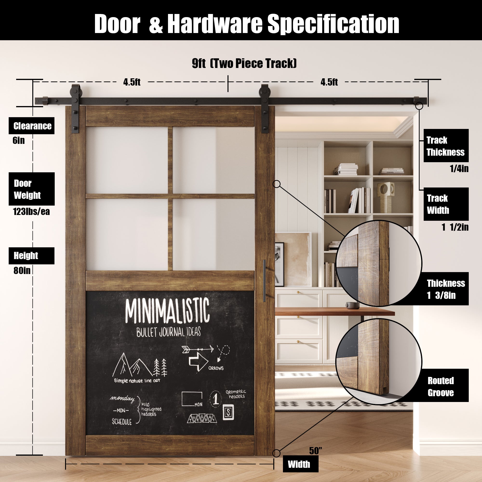 80" Height Dark Walnut Half Lite Chalkboard Unassembled & Finished Pine Wood Barn Door with Non-Bypass Installation Hardware Kit (Interior Use Only)