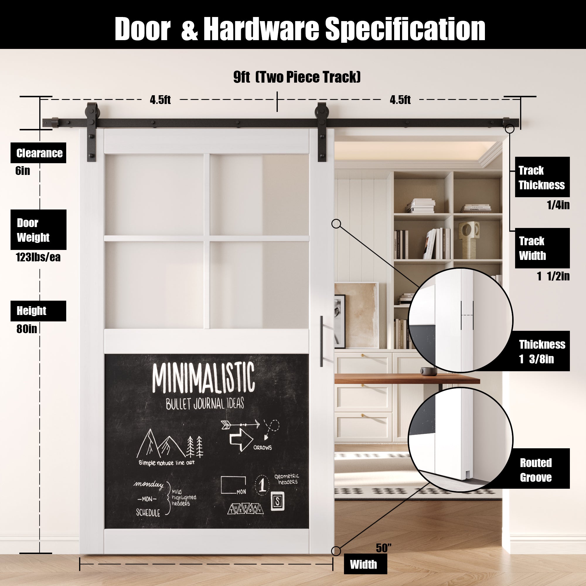 80" Height White Half Lite Chalkboard Unassembled & Finished Pine Wood Barn Door with Non-Bypass Installation Hardware Kit (Interior Use Only)