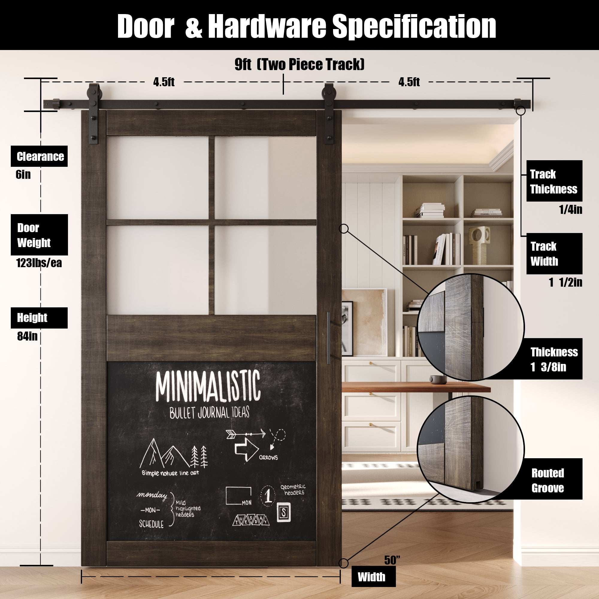 84" Height Ebony Half Lite Chalkboard Unassembled & Finished Pine Wood Barn Door with Non-Bypass Installation Hardware Kit (Interior Use Only)