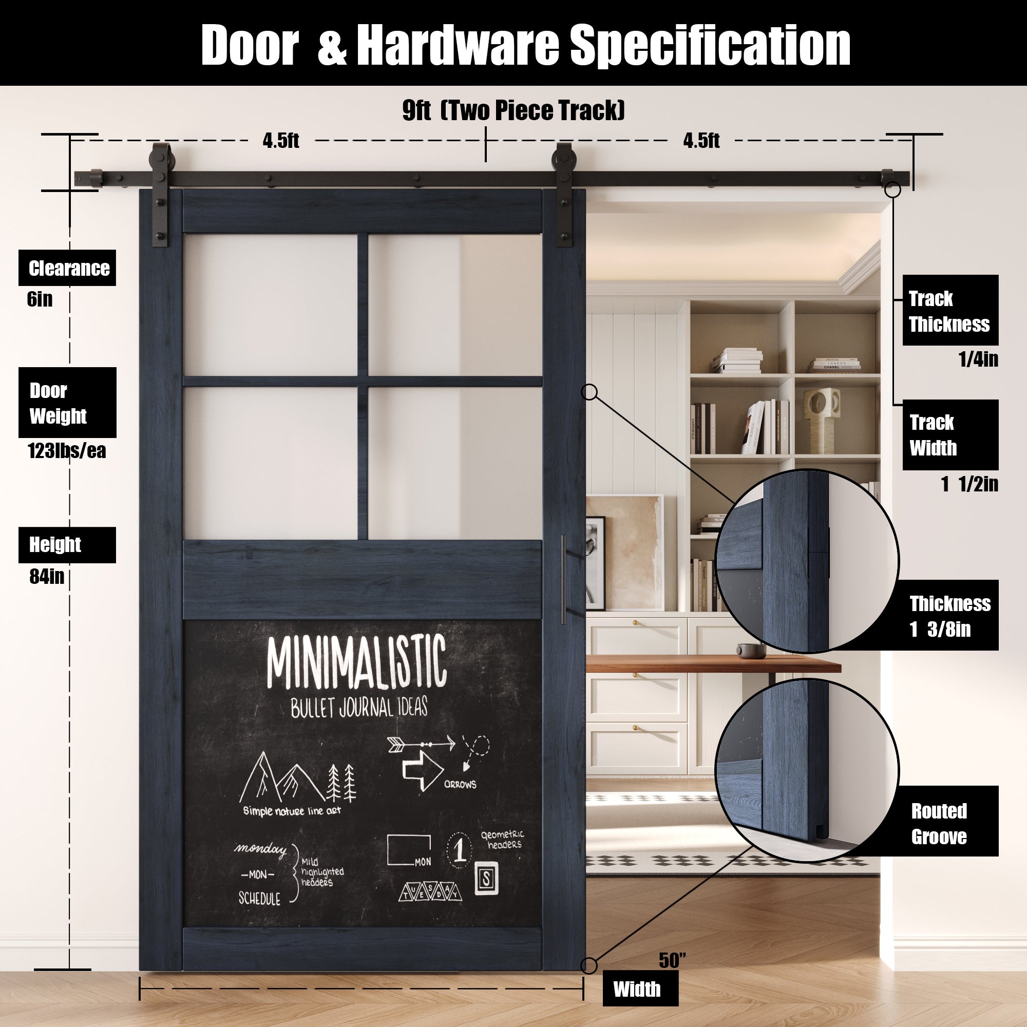 84" Height Navy Half Lite Chalkboard Unassembled & Finished Pine Wood Barn Door with Non-Bypass Installation Hardware Kit (Interior Use Only)