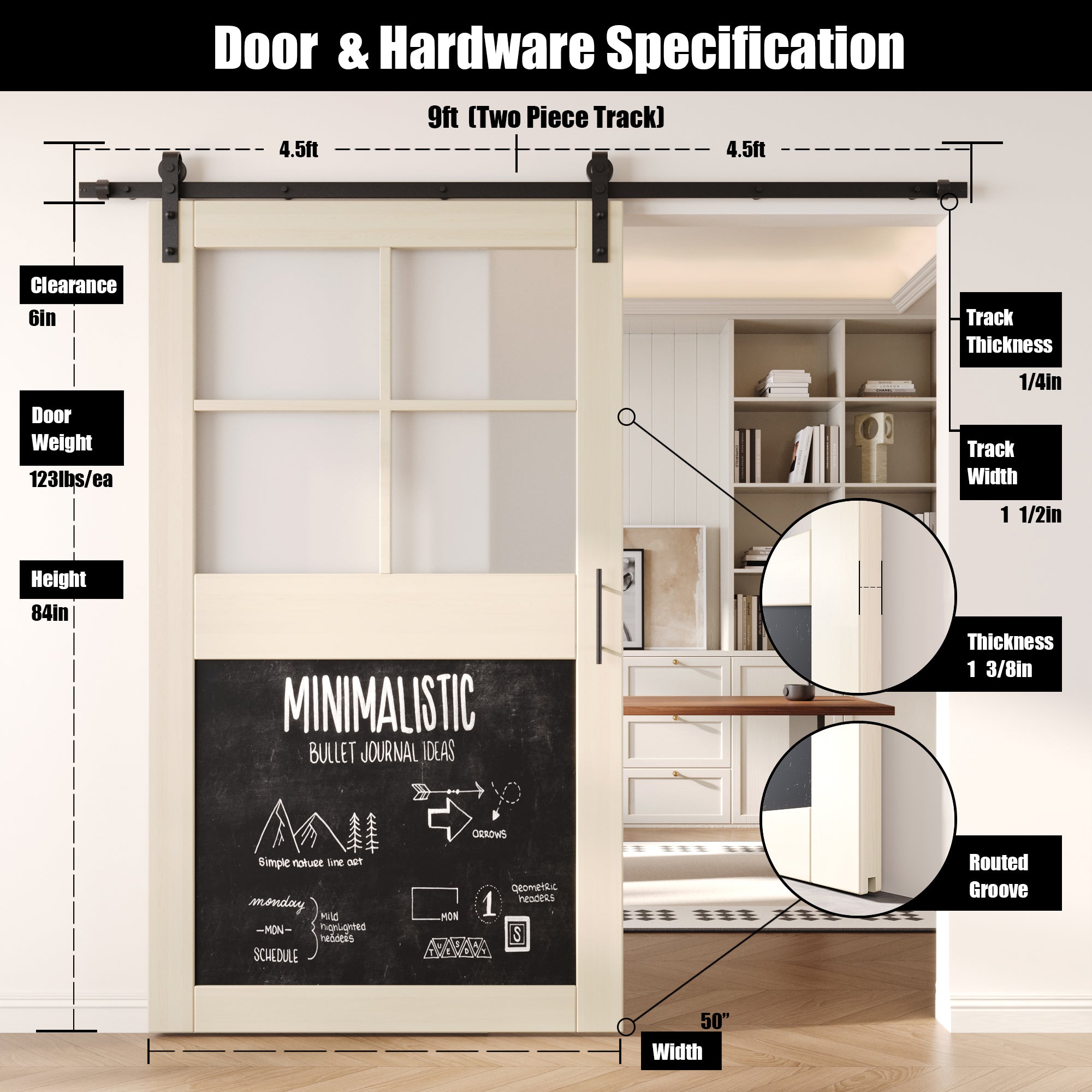 84" Height Tinsmith Gray Half Lite Chalkboard Unassembled & Finished Pine Wood Barn Door with Non-Bypass Installation Hardware Kit (Interior Use Only)