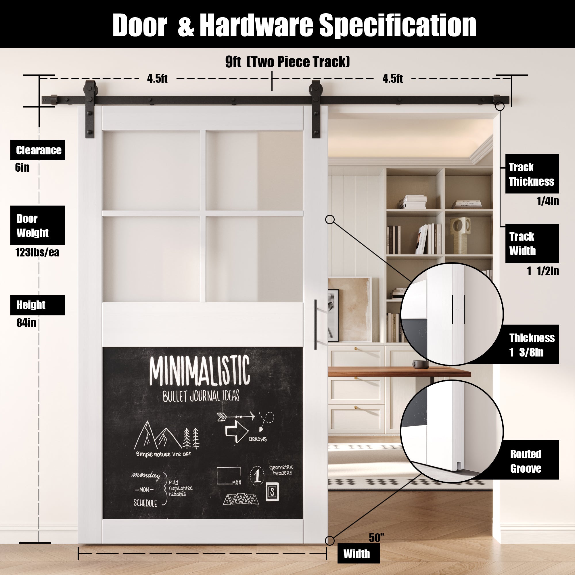 84" Height White Half Lite Chalkboard Unassembled & Finished Pine Wood Barn Door with Non-Bypass Installation Hardware Kit (Interior Use Only)