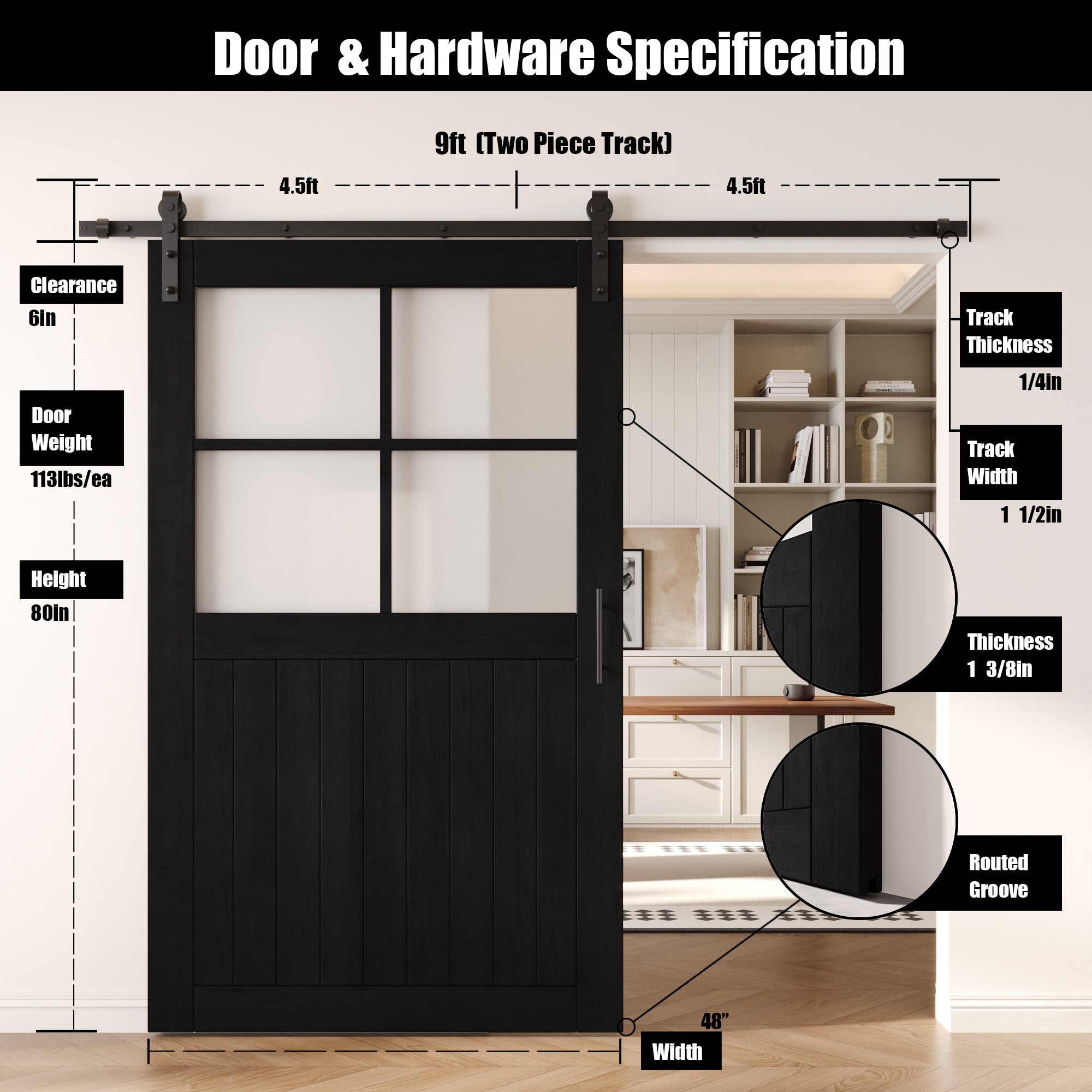 80" Height Black Half Lite Grid Glass Unassembled & Finished Pine Wood Barn Door with Non-Bypass Installation Hardware Kit (Interior Use Only)